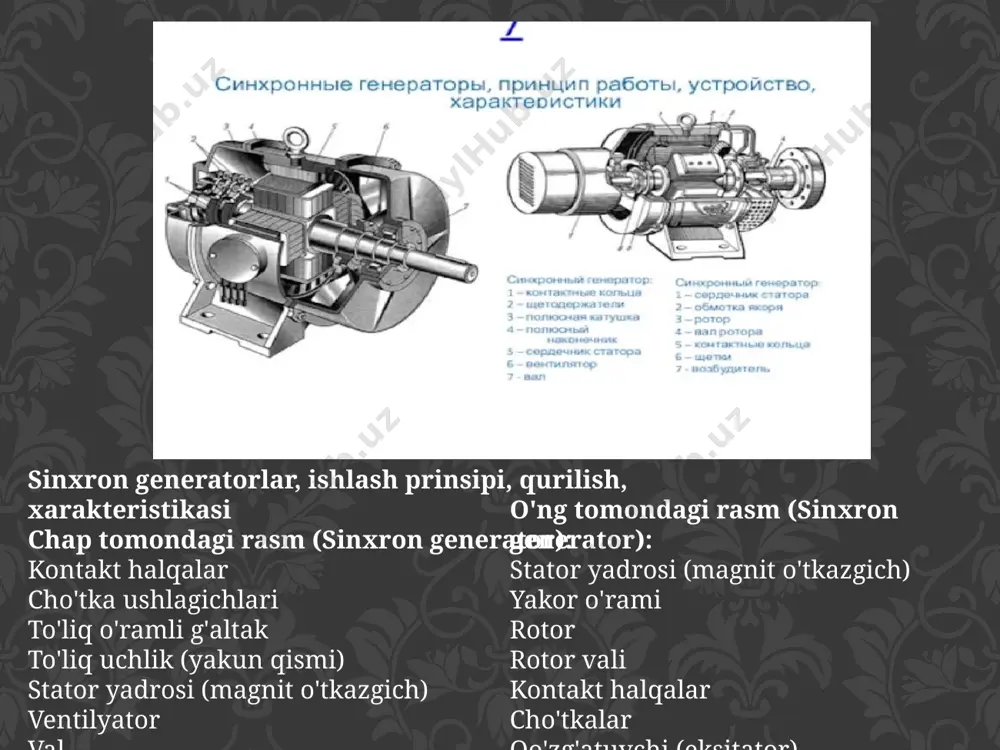 o‘rtasidagi munosabat impedans orqali ifodalandi. rotor harakatining mexanik modeli esa momentlar tenglamasi orqali baholandi va bu generatorning o‘zgaruvchan ish sharoitlarida qanday harakat qilishini tahlil qilish imkonini berdi. bunday matematik model elektr energiyasi ishlab chiqarish jarayonlarini chuqur tahlil qilish, boshqaruv tizimlarini loyihalash va energiya samaradorligini oshirishda muhim ahamiyatga ega. foydalanilgan adabiyotlar 1. назаров с. а., сафаров и. с. теоретические основы электротехники. часть ii: электрические машины. — т.: «фан», 2019. — 412 б. 2. chapman s. j. electric machinery fundamentals. — 5th ed., mcgraw-hill, 2011. — 800 p. 3. хайдаров у.х., юсупов ш.а. электр машиналари. — т.: toshdtu, 2018. — 368 б. 4. fitzgerald a. e., kingsley c., umans s. d. electric machinery. — 6th ed., mcgraw-hill, 2003. — 720 p. 5. krause p. c., wasynczuk o., sudhoff s. d. analysis of electric machinery and drive systems. — ieee press, 2013. — 656 p. 6. мавлонов н.р., ниёзов и.р. elektr mashinalari va …