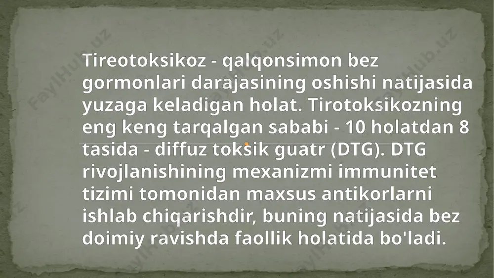 akllanishiga to'sqinlik qiluvchi dorilar - tireostatiklar buyuriladi yoki radikal davolash amalga oshiriladi (jarrohlik yoki radioyod terapiyasi). homiladorlik davrida uzoq muddatli tirotoksikoz abort qilish xavfi, homiladorlikning asoratlari, bolada tug'ma nuqsonlar bilan xavflidir. shuning uchun, agar tirotoksikoz homiladorlikdan oldin ham aniqlansa, uni rejalashtirishdan oldin ham butunlay yo'q qilish kerak. agar homiladorlik boshlanganidan keyin aniqlansa, darhol endokrinolog bilan bog'lanish kerak, chunki faqat to'g'ri va o'z vaqtida davolash bilan asoratlar xavfi sog'lom ayollarga qaraganda yuqori emas. gipertiroidizm yuqori dozali yod o'z ichiga olgan dorilarni qo'llashda qalqonsimon bez gormonlarining haddan tashqari dozasi natijasida yuzaga kelishi mumkin. shuningdek, gipertiroidizm qalqonsimon bezning yallig'lanishi (subakut tiroidit) bilan rivojlanadi. ko'pincha, gipertiroidizm holati stress fonida, haddan tashqari charchoq, iqlim zonalarining o'zgarishi, insolyatsiya, virusli infektsiyadan keyin o'zini namoyon qiladi. propranolol qalqonsimon bezga inhibitiv ta'sir ko'rsatadi periferik to'qimalarda gormonlar, t4 dan t3 ga aylanishini inhibe qiladi. 4. gipertermiya odatda paratsetamol bilan to'xtatiladi (foydalanish salitsilatlar va aspirin ko'payganligi sababli kontrendikedir qalqonsimon bez gormonlarini …