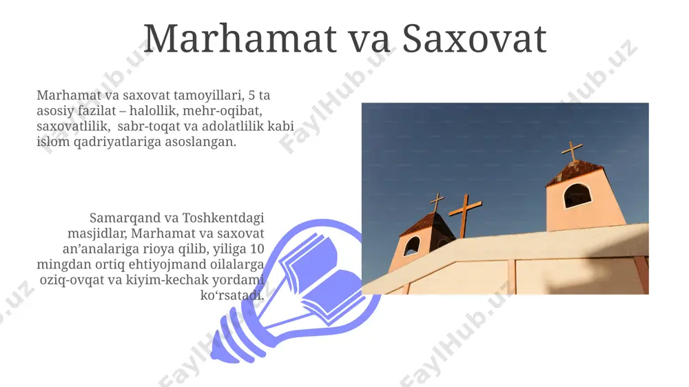 n anʼanalari orasida, 12 kunlik rojdestvo mavsumi ham bor boʻlib, bu davrda cherkovlar 24/7 ochiq boʻladi va turli marosimlar, shu jumladan 5 ta xushxabar oʻqish marosimi oʻtkaziladi. pasxa bayrami, isoga sigʻinishning markaziy voqeasi boʻlgan tirilishini nishonlaydi, va anʼanaviy ravishda yerusalimdagi ibodatxonalarda maxsus marosimlar bilan oʻtkaziladi. ibodat va an'analar 01 02 samarqanddagi pravoslav cherkovlarida pasxadan keyin 40 kun davom etadigan "qirq kunlik ro'za" an'anasi saqlanib qolgan. sales 1st qtr 2nd qtr 100 0 sales 1st qtr 2nd qtr 100 0 e'tiboringiz uchun rahmat @taqdimot_robot image4.jpg image5.jpg image6.jpg image7.jpg image8.jpg image9.jpg image10.jpg image11.jpg image12.jpg image13.jpg image14.jpg image15.jpg image1.jpeg image2.jpeg image3.jpeg