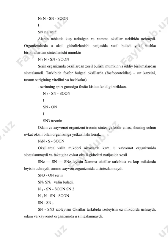 enilalanin n2 n - sn - soon tirozin organizmida oksillardan xosil buladi. kalkonsimon bez garmonlari tirozindan xosil buladi. bundan tashkari buyrak usti bez garmoni adrenalin xam tirozindan sintezlanadi. n2 n - sn - soon i triptofan n4 triptofan xayvonot organizmida sintezlanmaydi, balki oksillardan xosil buladi. n2 n - sn - soon i usn 2 gistidin n4 shunday kilib, oddiy oksillarni gidrolizlar natijasida xosil bulgan birikmalarni urganish shuni kursatadiki, ular fakatgina - aminokislotalar koldigidan tashkil topgan va xar xil oksillar bir- biridan tarkibidagi aminokislotalarning turi va mikdori bilan fark kiladi. 2. aminokislotalarning xossalari. aminokislotalar suvli eritmada ikkilamchi ionlar sifatida buladi: aminokislotalar uzaro kondensatsiyalanib, peptid bog‘ini xosil kiladi ( - mn - so ). aminokislotalarning keyingi ketma-ket birikishi natijasida tripeptid, tetrapeptid va toki polipeptid xosil bulishigacha davom etishi mumkin. amiokislota koldiglari orasidagi bog‘laish peptid bog‘i xisoblanadi. bundan tashkari oksil molekulalarida disulfid bog‘lari uchraydiki, sistein koldiklari bu bog‘ni xosil kiladi: kuchli kovalent bog‘lari …