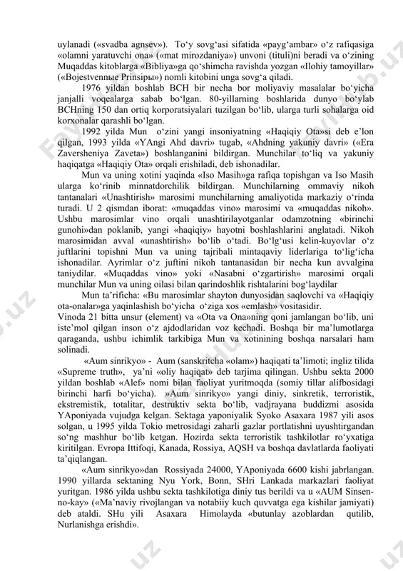 » deganda ma’lum bir dindagi rasmiy aqidalarga zid ravishda ajralib chiqqan yoki mavjud dinlar va konfessiyalarga umuman aloqasi bo‘lmagan holda din bayrog‘i ostida faoliyat ko‘rsatadigan guruhlar tushuniladi. bugungi kunda har ikkala yo‘nalishga mansub bo‘lgan ko‘plab sektalar faoliyat ko‘rsatmoqda. mutaxassislar ularning sonini taxminan 5000 atrofida, deb ko‘rsatadilar. 2.soxta xristianlik harakatlari. zamonaviy voqelik diniy-ekstremistik xarakterdagi sektalarning inson ongi va qalbi uchun kurash yo‘lidagi faoliyatining jonlanishi kuzatilayotganini ko‘rsatmoqda. xususan, ma’lumotlarga ko‘ra, qo‘shni davlatlarda «bogorodichiy sentr», «serkov ob’edineniya», «serkov isusa», «serkov novogo zaveta», «beloe bratstvo», «bojestvennыy orden pervogo angela» kabi o‘nlab diniy sektalar noqonuniy ravishda faoliyat olib bormoqda. «satanizm» deb ataladigan sekta ham keng tarqalgan. ayrim ma’lumotlarga ko‘ra, o‘ta xavfli bo‘lgan bu sektaning rossiyada 100 ming, er yuzida 5 milliondan ortiq tarafdorlari bor. ular aholining diniy bilimlari pastligidan foydalanib, oxiratning yaqinligi bilan qo‘rqitish hamda asosan yoshlar va moddiy ahvoli nochor bo‘lganlar ichida ish olib borish yo‘li bilan o‘z tarafdorlarini ko‘paytirishga harakat qilmoqdalar. bunday sektalarga …
