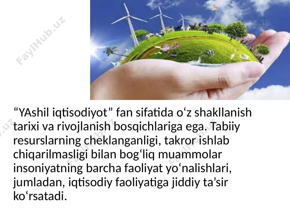t maqsadlari uchun asrab qolish zaruriyati to‘g‘risidagi g‘oyalar, kelajak avlod oldida ekologik mas’uliyatga asoslangan ilmiy konsepsiyalar shakllanashiga olib keldi. ushbu g‘oyalarning amaliyotga tadbiqi barqaror rivojlanishni ta’minlash orqali hal etilishi zarur. 2.barqaror rivojlanishni ta’minlashda “yashil iqtisodiyot”ning o‘rni barqaror rivojlanish deyilganda, aholi ehtiyojlarini to‘la qondirish maqsadida kelajak avlod ehtiyojlarini qondirish imkoniyatlarini esa xavf ostiga qo‘ymaslikka asoslangan rivojlanish tushuniladi. barqaror rivojlanishni “ijtimoiy”- “iqtisodiy”-“ekologik” uchlikning o‘zaro bog‘liqlikda rivojlanishiga asoslangan sinergetik samara hisobidan taraqqiy etadigan jarayon sifatida tasavvur etish mumkin. barqaror rivojlanishni ta’minlashdagi iqtisodiy yondashuv cheklangan resurslardan oqilona foydalanishni nazarda tutadi. ijtimoiy yondashuv global miqyosda ijtimoiy barqarorlik va madaniy xilma-xillikni ta’minlashga yo‘naltirilgan bo‘ladi. ekologik yondashuv esa har qanday ekologik tizimlarning normal faoliyat yuritishini ta’minlashga xizmat qilishi zarur bo‘ladi. barqaror rivojlanish konsepsiyasiga nisbatan iqtisodiy yondashuvga e.r.lindal va j.r.xikslar asos solishgan. xiks-lindal yalpi daromadlarning maksimal oqimi nazariyasiga muvofiq daromad yalpi kapitalni saqlab qolgan holda yaratilishi zarur. bunda cheklangan resurslar va ekologik (tabiiy resurslar, energiya va materiallarni tejovchi) …