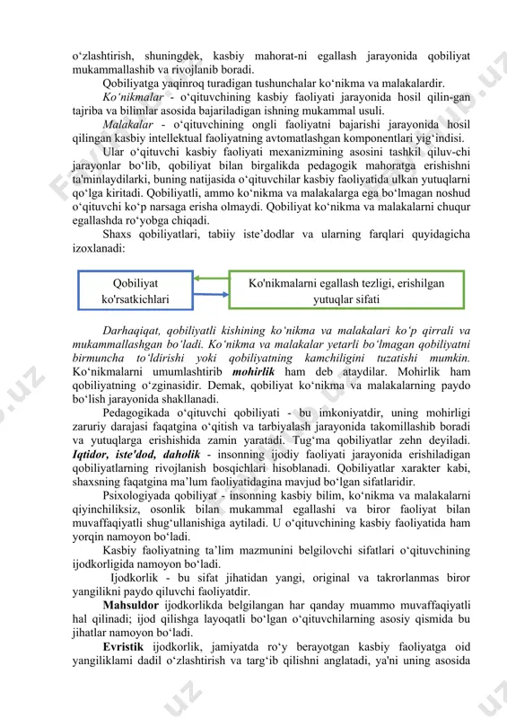 ani sevishadi, ohangni yaxshi his qilishadi, deklamatsiya asosida proza va poeziyani yaxshi o 'qishadi, eshitgan narsasini xotirada saqlaydi, ayniqsa, she 'r va qo 'shiqlarni sevib tinglaydi. 4.kinestetik (teri-muskul) qobiliyat. o‘qituvchining o‘z hatti hara-katlarini muvofiqlashtirish qobiliyati, harakat ohangini his qilgan holda yo 'naltiradi, vaqtni harakat sur 'ati bilan his qiladi, o 'zi uchun maishiy qulayliklarni yarata oladi, hayot marhamatlaridan rohatlanishni biladi. 5.mantiqiy qobiliyat. falsafly mulohazalar yuritishni, raqamlarni, matematikani, murakkab masalalarni hal qilishni sevadi, sababiyat va oqibat natijalarini tushunish malakasiga ega, voqelikda asosiylikni ikkin-chi darajalisidan ajrata oladi; 6.shaxsning ichki qobiliyati. o‘z-o‘zini mukammal bilishi, tushu-nishi va his qilish qobiliyati, erkin shaxsda ichki qobiliyat mukammal rivojlanadi, irodasi mustahkam, qat 'iyatli, har qanday vaziyatda o 'zfikr-mulohazasini erkin bayon eta oladi. qobiliyat o‘qituvchining individual imkoniyatlarini xarakterlaydi. bir xil sharoitda qobiliyatli o‘qituvchilar o‘z faoliyatlarida ham qobiliyati past kishilarga qaraganda ko‘proq yutuqlarga erishadilar. qobiliyat shaxsning ham umumiy, ham maxsus rivojlanishida tezroq oldinga siljib borishini, uning ijrochilik va ijodkorlik …