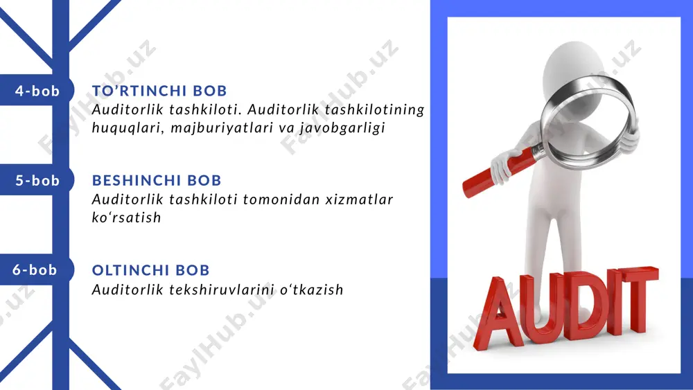 ’rsatkichlar bo’yicha guruhlarga ajratilgan auditorlik tashkilotlarining tartibga solingan ro’yxatlarini shakllantirish; 24 asosiy tushunchalar talabgor -malaka sertifikatini olishga yoki uning amal qilish muddatini uzaytirishga da’vogar bo‘lgan jismoniy shaxs; 25 rahmat uchun e’tiboringiz image1.png image2.svg image3.png image4.svg image5.jpg image6.jpg image7.jpg image8.png image9.png image10.png image11.jpeg image12.jpeg image13.png /docprops/thumbnail.jpeg
