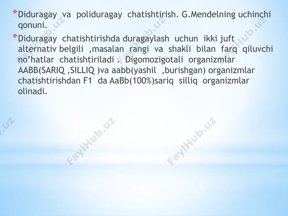 ’zaro chatishtirilsa 8 hil urg’ochi gametalar ,8 hil gametalar erkak qo’shilishi oqibatida 64 ta zigota hosil bo’ladi. ularning fenotipi27 doni sariq ,tekis , guli qizil , 9 ta doni sariq ,tekis ,guli oq , 9ta doni sariq,burishgan,guli oq ,9 ta doni yashil, tekis , guli qizil,3 ta doni sariq burishgan, guli oq,3ta doni yashil,burishgan ,guli qizil ,1ta doni yashil, burishgan, guli oq bo’ladi. allel juft soni qancha ko’p bo’lsa ajralish sinflari , ularning kombinasiyalanish imkoniyatlari,fenotipik va genotipik sinflar soni ham ko’p bo’ladi. allel juftlar soni gameta hillari soni gametalarni kombinasiyalanish soni genotipik sinflar soni fenotipik sinflar soni ajralishning fenotipik formulasi 1 21=2 41=4 31=3 21=2 (3:1)1=3:1 2 22=4 42=16 32=9 22=4 (3:1)2=9:3:3:3:1 3 23=8 43=64 33=27 23=8 (3:1)3=27:9:9:9:3:3:3:1 1- masala g’o’za o’simligida hosil shohi cheklanmagan va cheklangan tipda ,tola rangi esa qo’ng’ir va oq bo’ladi .shohning cheklanmagan tipda bo’lishligi cheklangan tipda bo’lishligi ustidan to’liq ,tolaning qo’ng’ir rangda bo’lishligi esa oq …
