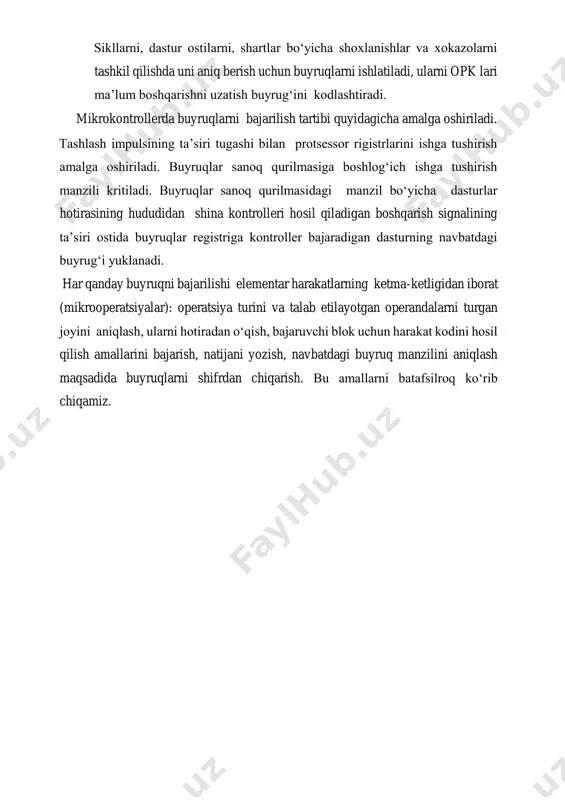 a tushirish manzili kritiladi. buyruqlar sanoq qurilmasidagi manzil bo‘yicha dasturlar hotirasining hududidan shina kontrolleri hosil qiladigan boshqarish signalining ta’siri ostida buyruqlar registriga kontroller bajaradigan dasturning navbatdagi buyrug‘i yuklanadi. har qanday buyruqni bajarilishi elementar harakatlarning ketma-ketligidan iborat (mikrooperatsiyalar): operatsiya turini va talab etilayotgan operandalarni turgan joyini aniqlash, ularni hotiradan o‘qish, bajaruvchi blok uchun harakat kodini hosil qilish amallarini bajarish, natijani yozish, navbatdagi buyruq manzilini aniqlash maqsadida buyruqlarni shifrdan chiqarish. bu amallarni batafsilroq ko‘rib chiqamiz. 4.2-chizma.mikrokontroller protsessorining tarkibiy sxemasi . dasturlar hotirasidan opk o‘qiladi, buyruqlar shifrdan chiqariladi va mikrodasturli avtomatga (mda) beriladi, ushbu bosqichda buyruqqa ishlov berishga zarur bo‘lgan boshqarish signallari shina kontrolleridan keladi va u sinxronlashning har bir navbatdagi takti bilan ishlab chiqariladi. protsessorda arifmetik va mantiqiy operatsiyalarni, surish, nolga o‘tqazishlarni arifmetik – mantiqiy qurilma (amq) tomonidan ta’minlanadi. axborotlar ikkilik-o‘nlik tizimida ifodalanganda, maska kodi amq da bitlar ustida operatsiya bajarilayotganda va shuningdek konstanta kodini berganda konstantalar hotirasi tuzatish kodlarini hosil qilishni …