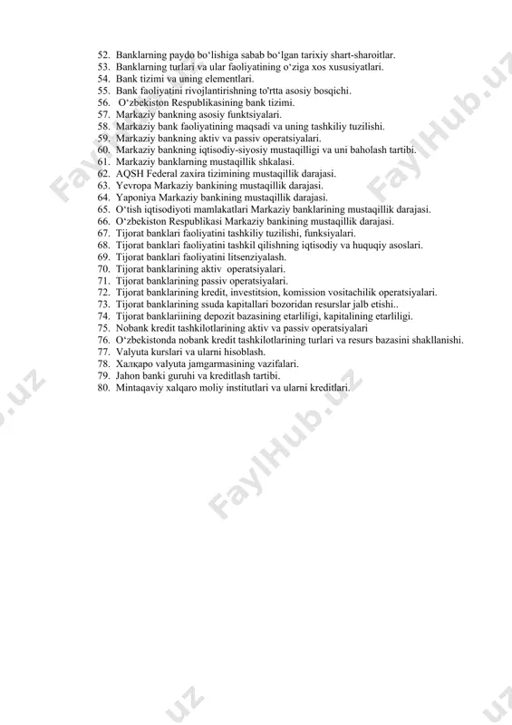 todlari. 39. kreditning bahosi va ta’sir qiluvchi omillar. 40. kredit tizimining holatini tavsiflovchi ko‘rsatkichlar. 41. bank faoliyatining ichki va tasnqi omillari: 42. tijorat banki aktivlarini tasniflash. 43. qarzdorlarni asosiy mezonlar bo’yicha baholanishi. 44. valyuta munosabatlari va ularning huquqiy asoslari. 45. valyuta operatsiyalari va ularni boshqarish tartibi. 46. xalqaro moliya va kapital bozorini tahlili. 47. valyuta munosabatlari tizimida banklarning o‘rni. 48. o‘zbekiston respublikasida valyuta tizimini rivojlanishi. 49. xalqaro kreditlar va ularning turlari. 50. valyuta operatsiyalaridagi valyuta risklari va ularni boshqarish. 51. xalqaro moliya institutlarining zarurligi va turlari. 52. banklarning paydo bo‘lishiga sabab bo‘lgan tarixiy shart-sharoitlar. 53. banklarning turlari va ular faoliyatining o‘ziga xos xususiyatlari. 54. bank tizimi va uning elementlari. 55. bank faoliyatini rivojlantirishning to'rtta asosiy bosqichi. 56. o‘zbekiston respublikasining bank tizimi. 57. markaziy bankning asosiy funktsiyalari. 58. markaziy bank faoliyatining maqsadi va uning tashkiliy tuzilishi. 59. markaziy bankning aktiv va passiv operatsiyalari. 60. markaziy bankning iqtisodiy-siyosiy mustaqilligi va uni baholash …