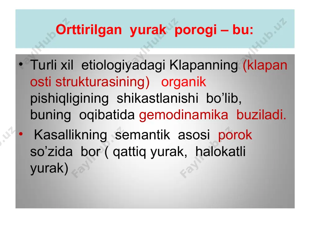 stenoz klinikasi mitral stenozning klinik ko’rinishi chap bo’lmacha-qorincha teshigining torayish darajasi, chap bo’lmacha va chap qorincha o’rtasidagi bosim gradiyenti kattaligi va o’pka gipertenziyasining yuzaga kelishi bilan aniqlanadi. mitral teshikning hajmiga ko’ra mitral stenoz darajalarga bo’linadi: yengil mitral stenoz – teshik hajmi 2,0 sm2 dan 4,0 sm2 gacha o’rtacha mitral stenoz - teshik hajmi 1,0 sm2 dan 2,0 sm2 gacha og’ir mitral stenoz – teshik hajmi 1,0 sm2 dan kichik shikoyatlar: kichik fizik yuklamalarda nafas qisishi va yo’tal, yurak urib ketishi, yurakning notekis urushi, shishlar, o’ng qovur’a ostida og’irlik hissi ( jigar kattalashgan), kamdan-kam – yurak sohasida yoki kuraklar orasida og’riq ( chap bo’lmacha dilatatsiyasida) ko’rik: akrotsianoz (facies mitrales), oyoqlarning shishishi o’pkalarda – kichik doirada dimlanish surati ( pastki qismida nafas sustlashishi, xriplar palpatsiya yurakning yuqori cho’qqisida ko’p hollarda diastolik “mushuk xirillashi”, o’ng qorincha kengayganda kuchaygan tarqalgan yurak turtkisi perkussiyada – chegaralarning yuqoriga kengayishi, keyinchalik esa o’nggga auskultatsiyada – “ bedana …