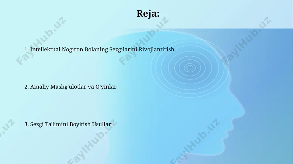 ar bergan. eshitish qobiliyatini yaxshilash uchun 2-3 yoshli bolalarga turli tovushlarni (hayvonlarning ovozi, musiqa asboblari) aniqlashga o'rgatish, 10 ta tovushni farqlash bo'yicha o'yinlarni toshkentdagi reabilitatsiya markazlarida qo'llash samarali. ota-onalar va mutaxassislarning hamkorligi maktabgacha ta'lim muassasalarida 3 yoshdan 7 yoshgacha bo'lgan intellektual nogiron bolalar uchun sezgilarni rivojlantirish dasturlarini ishlab chiqishda ota-onalar va samarqanddagi maxsus pedagoglarning hamkorligi muhim ahamiyat kasb etadi. ota-onalarning uy sharoitida bolaning 5 ta sezgisini rivojlantirishga qaratilgan 20 ta o'yinni muntazam qo'llashi va mutaxassislar (masalan, toshkentdagi logopedlar) bilan 1 oyda kamida 2 marta maslahatlashuvi samarali natijalar beradi. ko'rish sezgisini rivojlantirish usullari ko'rishni rivojlantirishda, farg'onadagi reabilitatsiya markazida qo'llaniladigan usul - har xil o'lcham va shakldagi 15-20 ta geometrik figuralarni aniqlash va ularni saralash mashqlari. bolalarda ko'rish qobiliyatini yaxshilash uchun 3d rasmlar, qo'lda tayyorlangan rang-barang mozaikalar (20-30 dona) va samarqanddagi muzey eksponatlarining suratlaridan foydalanish samarali. sezgi ta'limining ahamiyati hissiy ta'lim, masalan, 5 yoshli toshkentlik bir bolaga ranglarni, tovushlarni va to'qimalarni aniqlashda …