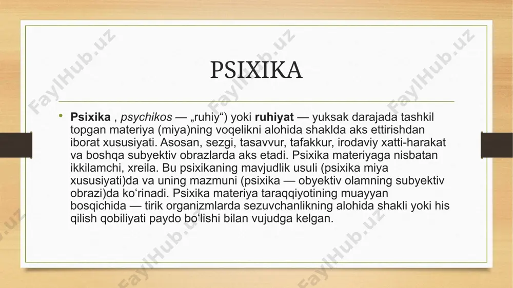anuvchanlikning o’ziga xos yuqori sifat o’zgarishi- sezuvchanlik- psixik aks ettirishning oddiy turi yuzaga kelganida boshlanadi. hayvonlar evolutsiyasi jarayonidagi psixikani sifat o’zgarishlari a.n.leontev o’zi ifodalagan psixik rivojlanish bosqichlariga asos qilib oldi. psixikaning rivojlanish bosqichlari elementar sensor psixik bosqichi preseptiv psixik bosqichi intellektual bosqich image5.png image6.png image3.png image4.png /docprops/thumbnail.jpeg