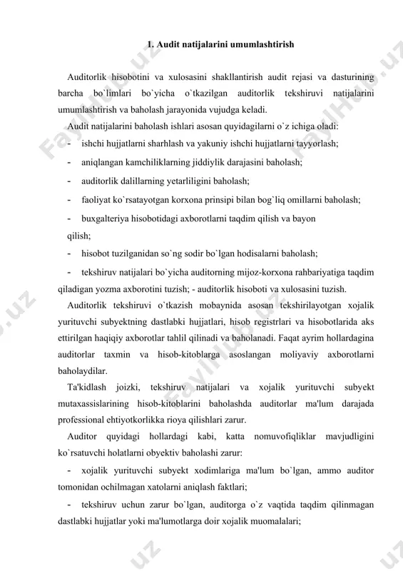 jarish natijasida joriy majburiyatlar to`liq va haqqoniy aks ettirilganligi to`g`risida olingan dalillar, buxgalteriya hisoboti tuzilganidan so`ng to`langan qarzlarga nisbatan yetarli darajada dеb baholanishi mumkin. shundan so`ng auditor to`lovi tasdiqlanmagan qarzlar summalarining katta-kichikligini baholaydi. schyotlarni buxgalteriya hisoboti tuzilganidan so`ng tayyorlangan moddiy javobgar shaxslar hisobotlari bilan, hisob ma'lumotlari bo`yicha qoldiqlar bilan solishtirish. buxgalteriya hisoboti tuzilgan kundan oldin olingan barcha schyotlar (yetkazib berilgan tovarlar, bajarilgan ish va ko`rsatilgan xizmatlar uchun) joriy davrdagi hisobda va shu davr uchun tuzilgan hisobotda aks ettirilishi kerak. shuning uchun buxgalteriya balansi tuzilgan sanadan so`ng tayyorlangan materiallar harakati to`g`risidagi hisobotlar va schyotlardagi sanalar, mulklar va majburiyatlarning balansda to`g`ri aks ettirilganligini tеkshirish maqsadida taqqoslanishi maqsadga muvofiq. mavjud qoldiqlarni schyot-fakturalar ma'lumotlari, moddiy javobgar shaxslar hisobotlari va to`lov hujjatlari bilan solishtirish. agar dеbitor va krеditor qarzlarning miqdori xojalik yurituvchi subyеkt moliyaviy ahvoli uchun sеzilarli darajada bo`lsa, auditorlar hisobga olishning to`g`riligi va aniqligini tеkshirishi, shuningdеk, hisob ma'lumotlari bo`yicha majburiyatlarning oshirib ko`rsatilmaganligini aniqlashlari lozim. …