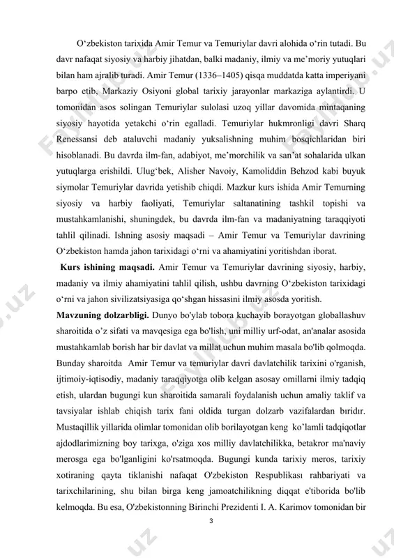 tarixshunosligıda yangi yo'nalish sifatida e'tirof etilayotgan mikrotarix nuqtai nazaridan tadqiq etilishiga olib keladi. bugungi kunda xorij tarixshunosligida amir temur va temuriylar davri tarixini o’rganishga bag'ishlangan ko’plab ilmiy tadqiqotlarning olib borilayotganligi ham ushbu mavzuning xalqaro miqyosdagi o'rni va dolzarbligini ko'rsatadi. respublikamızda amir temur va temuriylar davrini o'rganish, uni targ'ib qilish bo'yicha keng ko'lamli ishlar olib borilmoqda. o'zbekistonda amalga oshirilgan tadqiqotlar asosan temuriylar davlatining umumy tarixini o'z ichiga olib, ularda yirik shaharlarda shakllangan madaniy markazlar taraqqiyoti o'z aksini topgan. bu borada temuriylar saltanatining sharqiy chegarasida muhim geosiyosiy o'ringa ega bo'lgan farg'ona vodiysi tarixiga bag'ishlangan ilmiy ishlarning asosiy qismi xv asrning so'nggi choragini qamrab oluvchi boburshunoslik tadqiqotlari bilangina cheklanib qolganlig farg'ona vodiysining amir temur va temuriylar davrı tarixini o'rganish zaruriyatını tug'dirmoqda. ayni jihatlarga ko'ra amir temur davlati tashkil topishi arafasida farg'onadagi siyosiy vaziyat, vodiyning ushbu davlat tarkibiga kiritilishi, farg'ona ulusining ta'sis etilish sababları, natijalari, bu jarayonlarda umarshayx mirzoning o'rni, amir temur vafotidan keyın …