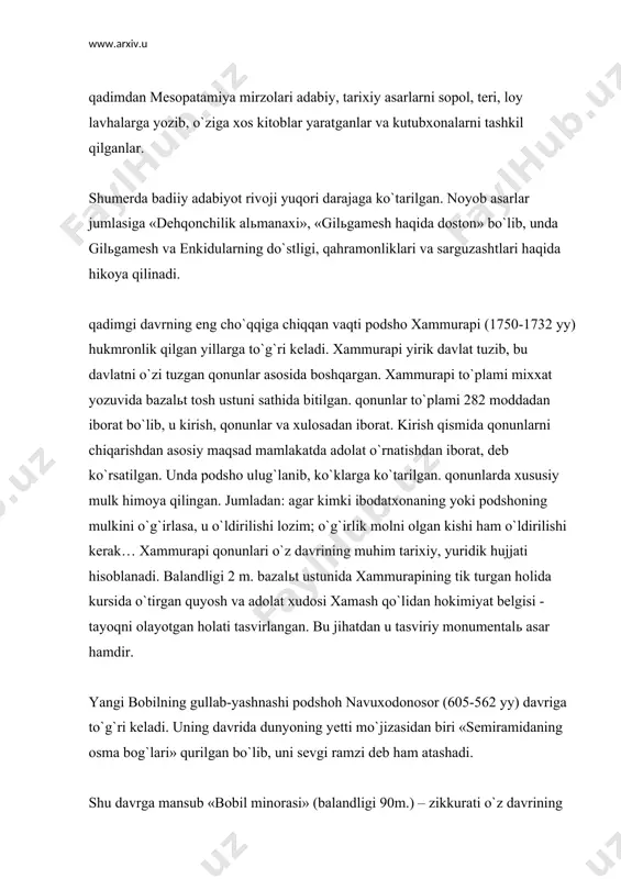ya astronomiya, tibbiyot, tarix va boshqa fanlarga qiziqish erta boshlangan. yerlarni o`lchash, masofani aniqlash, hosilni hisoblash va savdo-sotiq ishlarini yuritish uchun matematika va geometriya kerak bo`lgan. bobillar son va sanashni bilganlar. 100 va 1000liklar alohida belgi bilan ifoda etganlar, hatto doiraning 3600 ekanligini aniqlaganlar. mesopatamiyada qadimdan boshlab maktablar vujudga kelgan bo`lib, ularda o`ziga to`q kishilarning farzandlari ta`lim olgan. maktablarning quyi sinflarida adabiyot, til, grammatika fanlari o`qitilgan. yuqori sinflarida esa astronomiya, matematika, geometriya, tibbiyot va veterinariya hamda diniy darslar o`tilgan. maktablar davlatni boshqarish uchun xodimlar tayyorlagan. hindiston haqli ravishda qadimgi sharqning yuksak madaniyatli mamlakatlaridan biridir. hindiston yarim oroli qadimdan tabiiy rang-baranglik, boy o`simlik, hayvanot va qimmatbaho yer osti boyliklariga ega bo`lgan. yarim orolda ser suv hind va gang kabi daryolar mavjud. mil. avv. v ming yillikning oxiri iv ming yillikdan boshlab hind daryosi vodiysida sun`iy sug`orishga asoslangan dehqonchilik vujudga kelgan. iv ming yillik o`rtalariga kelib bu joyda o`ziga xos eng qadimgi …