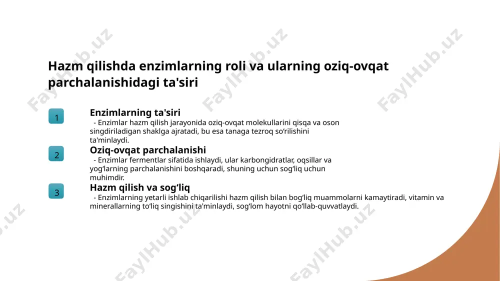 m qilishga ta'siri oziq-ovqat tarkibi an'anaviy tayyorlash usullari ovqatlanish vaqti o'zbek oshxonasidagi taomlar, odatda, yog‘li go‘sht, un va sabzavotlar bilan boy bo‘lib, hazm qilish jarayonini sekinlashtirishi mumkin, ayniqsa yuqori yog‘ va tuz bilan tayyorlangan taomlar hazm qilishni qiyinlashtiradi. o'zbek taomlari ko‘pincha qovurish va pishirish usullari bilan tayyorlanadi, bu esa enzimlarning faoliyatini pasaytiradi va hazm qilishni qiyinlashtirishi mumkin, ayniqsa sovuq va qattiq taomlar uchun. o'zbekistonda odatiy ovqatlar odatda katta porsiyalarda va kechqurun iste'mol qilinadi, bu hazm qilish organlariga ortiqcha yuk bo‘lishiga olib keladi va hazm qilish jarayonini sekinlashtiradi. zamonaviy va an'anaviy ovqat odatlari: hazm qilishga ta'siri va farqlari 1 yangi ovqat odatlari zamonaviy ovqatlanish odatlari tez tayyorlanadigan, yuqori kaloriya va konservantlarga boy taomlarga asoslangan bo‘lib, hazm qilishni qiyinlashtiradi va sog‘liq muammolarini keltirib chiqarishi mumkin. 2 an'anaviy ovqatlar an'anaviy ovqatlar odatda tabiiy, yuqori tolali va ko‘proq meva, sabzavot hamda mahalliy mahsulotlarga tayanadi, bu hazm jarayonini yaxshilaydi va sog‘lomlikni ta'minlaydi. 3 ovqatlanish va …