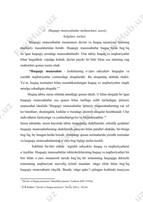 n ishbilarmonlik ham — mafko`ra; davlat va jamiyatning dinga munosabati, axolining kam ta’minlangan katlamlarini kullash ham mafko`radir. qonunchilik va u bilan bog`lik huquqiy munosabatlar mafko`raviy hodisa bo`lib kolaveradi. bu yerda eng asosiysi, mafko`ra o`ta sinfiy, ruxiy manfaatlarni emas, balki umuminsoniy qadryat va manfaatlarni amalda ifodalashi lozim. ikkinchi belgi. huquqiy munosabatlar — amaldagi qonunchilikning kishilar xatti-harakatiga ta’siri natijasida vujudga keladigan munosabatlardir. huquq normasi va huquqiy munosabat o`rtasida jiddiy bog`liklik mavjud. yuridik nor-malarda ko`rsatilgan huquqiy munosabatlar hayotda vujudga keladi, ya’ni huquqiy munosabatlar qonuniy munosabatlardir. qonun normalari bormi, demak huquqdy munosabatlar paydo bo`ladi, normalar bo`lmasa, huquqiy munosabatlar ham bo`lmaydi. huquqiy normalar tartibga solinuvchi ijtimoiy munosabatlardan, huquqiy vokelikdan bevosita kelib chiqishi kerak, chunki huquqiy normalar munosabatlarni to`g`diruvchi sabab bo`lishdan avval ushbu munosabatlar ichki rivojlanishning oqibati,ularning zaruriy, mohiyatiga oid maxsus belgisi bo`lganligidir”1 uchinchi belgi. “huquqiy munosabatlar — kishi​lar o`rtasidagi subyektiv huquq va yuridik majburiyatlar vositasidagi aloqalardir” . bu aloqalarning alohida shakli, obyektiv huquq normalarida mustaxkamlangan …