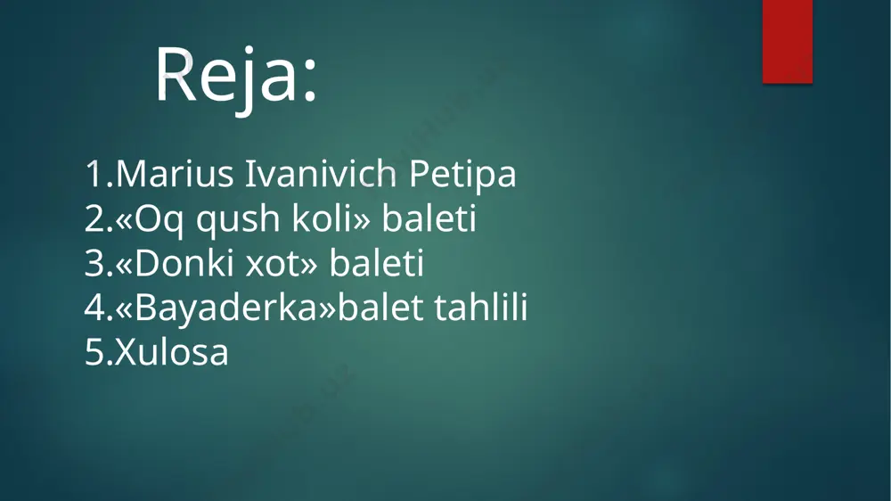 a teatrida qoyiladi. 4 aktli bu balet juda chiroyli , qiziqarli sahna kornishlariga boydir. xoreogrf petipa bu baletga harakatlar, plastik harakatlar balet raqslarini a’lo darajada qoyadi. bayaderka baleti 1877-yil sanpeturburgning katta teatrida qoyiladi.bu balet ramantizm va petipaning eng mashxur baletlaridan biri hisoblanadi.sujet asosi qadimgi hindistonning «sakintala» drammasini olinadi. balet juda ajoyib, gozal va tomoshabinlarga yoqadigan ,maqtovga loyiq boladi. matilda shesinskaya bayaderka baletiida birinchi ijro etgan balerina koplab baletlarda o’z harakatlari nozik plastikasi kuchli obrizlari bilan mashxurdir. matilda 1872-yil 31-avgustda peterburgda tug’ilgan. olia a’zolari ham san’at arboblari edi. rassiya balet artisti, baletmeyster balerina, pedagog matilda shesinskaya ozining «uyqudagi go’zal», «bayaderka»kabi baletlardagi ijrosi bilan ta'nilgan, gozal balerinadir. e’tiboringiz uchun rahmat. foydalanilgan adabiyotlar royhati: madina muhammedova o’quv qo’llanma internet malumotlari raqs dramaturgiya asoslari fanidan leksiya kanspekt image6.jpeg image7.jpeg image8.jpeg image9.jpeg image10.jpeg image11.jpeg image12.jpeg image13.jpeg image14.jpeg image15.jpeg image16.jpeg image17.jpeg image18.jpeg image19.jpeg image20.jpeg image21.jpeg image22.jpeg image23.jpeg image24.jpeg image25.jpeg image26.jpeg image2.png image3.png image4.png image5.png /docprops/thumbnail.jpeg