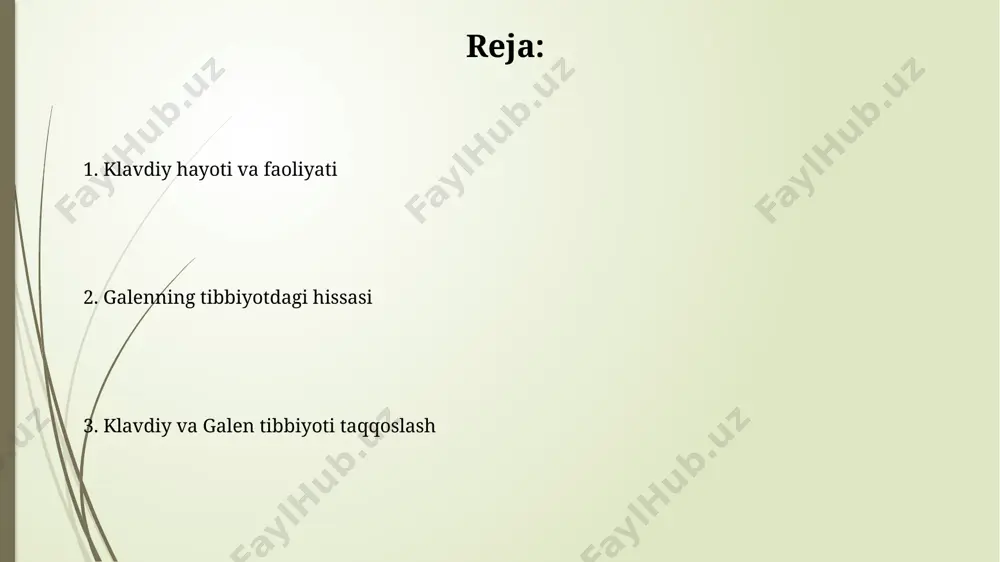 ish imkoniyatiga ega emas, bu esa sog'liqni saqlash tengsizligini aks ettiradi. galenning fiziologiya bo'yicha bilimlari uning fiziologiyaga oid asarlarida tana funksiyalarini 4 ta suyuqlik: qon, balg'am, sariq va qora safro muvozanati bilan bog'lagan "to'rtta temperamenti" nazariyasi muhim o'rin egallagan. galen qonning yurakdan butun tanaga uchta arteriya orqali tarqalishini, shuningdek, venalar orqali qaytishini tasvirlab bergan bo'lib, bu gipoteza keyinchalik noto'g'ri deb topilgan. klaudiyning tibbiyotga qo'shgan hissasi klaudiyning asosiy tibbiyotdagi yutuqlaridan biri 6 kitobdan iborat bo'lgan "de medicina" nomli ensiklopedik asari hisoblanadi, unda anatomiya, fiziologiya va turli kasalliklarning davolash usullari batafsil bayon etilgan. klaudiy, giyohvand moddalarni qo'llash bo'yicha ta'sirchan dozalash tizimini – taxminan 10 dan ortiq turdagi dozalarni tavsiya qilgan holda joriy etdi, bu esa davolashning samaradorligini oshirishga yordam berdi. rim imperiyasi va tibbiyot imperiya bo'ylab tarqalgan harbiy kasalxonalar (valetudinaria) 1000 ga yaqin bemorni sig'dira oladigan va malakali tibbiyot xodimlari bilan ta'minlangan. rim imperiyasidagi shifokorlarning 70% dan ortig'i grek yoki ellin madaniyatiga …