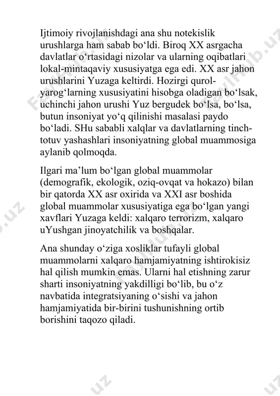 rcha sub'ektlari xalqaro savdoda qiziqish uyg'otadi va bu faqat globallashuv jarayonini tezlashtiradi. 4. zamonaviy texnologiyalar joriy etilib, mehnat unumdorligini oshiradi. loballashuvning nima ekanligi haqidagi tushunchani aks ettiradigan universal integratsiya va unifikatsiya qilish kiruvchi oqibatlarga olib keldi, ular orasida: 1. sanoatning yo'q qilinishi, ishsizlik , qashshoqlik. buning barchasi globallashuvning tengsiz taqsimlanishi va kuchli kompaniyalar katta foyda keltirishi bilan birga, raqobatbardosh bozorni yo'qotish keraksiz bo'lib qolmoqda. 2. globallashuvning salbiy ko'rinishi ham tug'ilishni qisqartirishga qaratilgan. 3. iqtisodiyotni deinstrializatsiya qilish qayta o'qitish zarurligiga olib keladi. natijada, inson hayoti uchun 5 yoki undan ortiq kasblarni o'zgartirish mumkin. 4. globallashuvning salbiy oqibatlari atrof-muhitning yomonlashuvida yotadi. dunyo falokat yoqasida turibdi: noyob jonivorlar o'ladi, iqlim isitadi, havoning tiqilib qolishi va hokazo. 5. globallashuv va uning oqibatlari mehnat qonunlariga ta'sir ko'rsatdi. ishchilar soni ortib bormoqda, norasmiy ishlaydi. ularning huquqlari hech kim tomonidan himoyalanmagan. 6. spekulyativ iqtisodiyotning o'sishi, ishlab chiqarishni monopollashtirish. 7. rivojlangan va rivojlanayotgan mamlakatlar o'rtasidagi farqni oshirish.