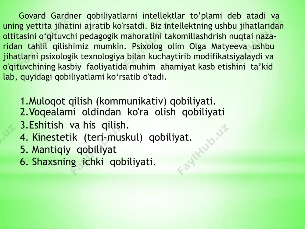 ilar. maxsus qobiliyatga ega bo‘lgan o'qituvchilar faqat o'zlari egallagan kasbiy yo'nalishlari bo‘yicha muayyan faoliyat bilan muvaffaqiyatli shug‘ullanadi!ar. pеdagogik qobiliyat turlari: 1.didaktik 2. akademik 3. perseptiv 4. kommunikativ 5. tashkilotchilik 6.psixologik tashxis 7. diqqatni taqsimlash 8. tashabbusga, ijodga ilhomlantirish 9. gnostik 10. konstruktivlik 1. didaktik qobiliyat (oson yo‘l bilan murakkab bilimlarni tushuntirish) ya’ni o’quvchilar bilan muloqot qilishida pedagogning ta’lim, tarbiyaviy hamda metodlarni chuqur o’zlashtirgan holda dars berish qobiliyatidir 2. akadеmik qobiliyat (barcha fanlar yuzasidan muayyan bilimga ega bo‘lish) o’qituvchi o’z fanini va boshqa fanlarni chuqur bilishida va o’zlashtirishda namoyon etishidir 3. pеrsеptiv qobiliyat (qisqa daqiqalarda auditoriya holatini idrok qila olish fazilati); tashqi olamni va muhitni sezish, idrok etish ya’ni kuzatishda muhim ahamiyatga ega. o’qituvchi o’quvchining psixologiyasini va psixik holatini o’ziga singdirib idrok etadi. 4. kommunikativ , nutqiy qobiliyat (ixcham, ma'noli, ohangdor, muayyan ritm chastotaga ega bo‘lgan nutq, nutqning jarangdorligi, uning pauza, mantiqiy urg‘uga rioya qilishi);o’qituvchining pedagogik jamoa va ota- onalar bilan …
