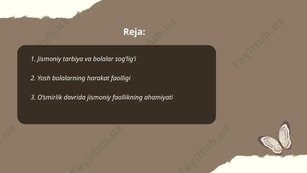 rziga ijobiy ta'sir ko'rsatadi. ... t.me/slaydai_bot o‘smirlik davrida jismoniy faollik o‘sish va rivojlanish uchun juda muhimdir. ushbu davrda har kuni kamida 60 daqiqa jismoniy faoliyat tavsiya etiladi. jismoniy mashg‘ulotlar, masalan, yugurish, suzish yoki jamoa sportlari, suyak zichligini oshirish va mushaklarni mustahkamlashga yordam beradi. statistikaga ko‘ra, jismoniy faol bo‘lgan o‘smirlarning vazn nazorati yaxshilanadi va ruhiy salomatligi mustahkamlanadi. yoshlarning kamida 50% haftada 3 marta intensiv jismoniy faollikda qatnashishi kerak. jismoniy faollik, shuningdek, yurak-qon tomir kasalliklari xavfini kamaytiradi. 2019-yilda olib borilgan tadqiqotga ko‘ra, jismoniy faol o‘smirlarning o‘qish samaradorligi ham yuqori bo‘ladi. shu sababli, o‘smirlik davrida muntazam jismoniy mashqlar bilan shug‘ullanish tavsiya etiladi. ... t.me/slaydai_bot jismoniy mashqlar o'smirlar uchun stressni kamaytirishda muhim rol o'ynaydi. tadqiqotlar shuni ko'rsatadiki, muntazam jismoniy faollik kortizol darajasini pasaytiradi va endorfin ishlab chiqarishni oshiradi, bu esa kayfiyatni yaxshilaydi. har kuni kamida 30 daqiqa davomida o'rtacha darajadagi mashqlar, masalan, yurish, yugurish yoki velosipedda uchish, stressni sezilarli darajada kamaytirishi mumkin. 14-18 yoshli …