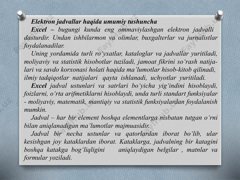 kin, ma’lumotlarni formatlash imkoniyatlari eng yaxshi tekst – protsessorlaridagi kabidir. shriftlarni o‘zgartirish, alohida satr, ustun yoki kataklarni alohida rang bilan ajratish, jadval ma’lumotlari bo‘yicha grafiklar va diagrammalar tuzish, jadvalga rasmlar qo‘shish mumkin. excel jadval ma’lumotlari ustida bajara oladigan matematik, mantiqiy, buxgalteriya va statistik funksiyalarning o‘zi ikki yuzdan ortiq. excel dasturida ob’yekt sifatida quyidagi elementlarni bilishimiz shart: excel ilovasi; ishchi kitob; ishchi varaq; diapazon yoki varaqdagi jadval; katak; diagramma varag ‘idagi diagramma; diagrammadagi qator; diagrammadagi alohidagi ma’lumot. microsoft excel fayli ish kitobi deb ataladi. ish kitobi jadval bo‘lib, uning pastki qismida ko‘rsatilgan ish varaqlaridan tashkil topgan. varaq nomini o‘zgartirish uchun uning yorligi ustida ikki marta bosish va yangi nomni kiritish lozim. uning uzunligi 31 simvoldan oshmasligi lozim, va quyidagi simvollarni: \ / ? * : [ ] ) o‘z ichiga olishi mumkin emas. excel 2007 da ishchi varaq 16384 ustun va 1048576 qatordan iborat bo‘lishi mumkin va unda jadval joylashtiriladi. jadval- …