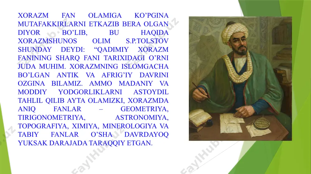 gan eng yaxshi olim va tarjimonlar ham ishlaganlar. dastlabki maʼlumotni xiva shahrida olgan va yetuk olim boʻlib shakllangan. bunda arab istilosidan soʻng muayyan darajada saqlanib qolgan qadimgi xorazm fani anʼanalari asosiy rol oʻynagan. xalifa norun ar rashidning oʻgʻli va uning xurosondagi voliysi al maʼmun huzuriga – marvga taklif etilgan. 819-yilda bagʻdodni egallagan al maʼmun markaziy osiyolik olimlardan muhammad al-xorazmiy, ahmad al fargʻoniy, nabash al nosib marvaziy, abul abbos javhariy va boshqalarni oʻzi bilan olib ketib, oʻziga xos ilmiy jamoa tashkil etgan. bu jamoa fan tarixidagi dastlabki rosmana akademiya deb qaraladigan ilmiy muassasa – «bayt ul nikmat» («donishmandlik uyi»)ning asosini tashkil etgan. bu akademiyada xorazmiy yetakchi olim va ilmiy rahbar boʻlgan. u shu davrdan boshlab bagʻdodda al maʼmun (813–833), soʻng al moʻtasim (833–842), al vosiq (842–847) xalifaligi davrlarida yashab ijod etgan. xorazmiy qalamiga mansub 20 dan ortiq asarlarning faqat 10 tasi bizgacha yetib kelgan. bular “aljabr va al-muqobala hisobi haqida qisqacha …
