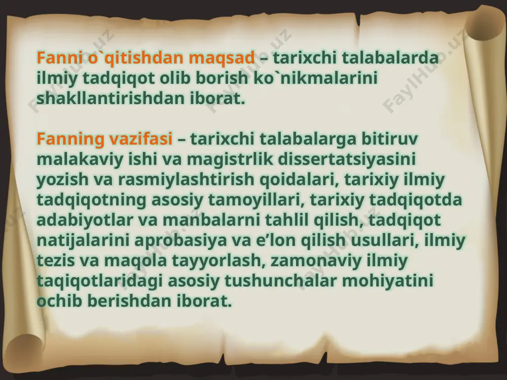 ida mustahkamlanishi, tuzatilishi, rivojlantirilishi va hatto inkor etilishi mumkin. shuning uchun ham bu nazariyada ilgari surilgan g'oya, tadqiqot jarayonida tasdiqlanishigina emas, butunlay noto'g'ri ekanligi isbotlanishi ham mumkin. talabalar ilmiy tadqiqot ishlariga tegishli mavzular ьilаn dastlab­ki kursdanoq referat va kurs ishi yozish orqali jalb etiladi. talabalik yillarining dastlabki bosqichidanoq ilmiy tadqiqot ishlariga jalb qilish oxir-oqibatda, malakali tarixchi-mutaxassislarni tayyorlash, ilmiy izla­nishlar olib borishdek zahmatli yo'nalishda ma'lum bir ko'nikmalar, tajribalar orttirishda muhim ahamiyat kasb etadi. talabalik yillarida ilmiy tadqiqot ishlari bilan shug'ullanganlarning hammasi ham keyinchalik ilmiy ishlarni davom ettirishi, ilmiy daraja va unvonlarni olish yo'lidan bormasligi ham mumkin. oliy o'quv yurtida ilmiy tadqiqot ishlariga jalb qilish talabani ilmiy ijod bilan shug'ullanish, o'z ustida mustaqil ishlash, olgan bilimlarini bir tizim­ga solish, umumlashtirish va mustaqil ilmiy mushohada yuritishga o'rgata­di. ilmiy tadqiqotlar talabada yana tarixiy manbalarni mustaqil tahlil qilish, qiyinchiliklarni yengish, o'zini-o'zi boshqarish, ilmiy izlanish natijasi uchun kurash, yangi tadqiqotlar ustida o'ylash va uning yechimi yo'lida …