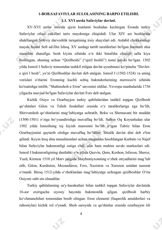 ing o'zida safaviylar ordeni boshlig'i hisoblangan. safaviylar davlati oʻz shakliga koʻra teokratiya boʻlsada, aslida dunyoviy xususiyatga ega edi. unda shohdan keyin ikkinchi muhim shaxs “vekil” (“noib”) yoki “amir al-umara” (“amirlar boshlig‘i”) bo‘lgan.dastlabki bosqichda barcha amirlar, ularning haqiqiy mavqei va rolidan qat’i nazar, bo‘lgan. , beklar unvoniga ega edi . keyinchalik qizilboshlar davlatida martabalar ierarxiyasi vujudga keldi, unga ko'ra xon unvoni eng yuqori hisoblangan, undan keyin sultonlar va beklar turadi. eron qizilbosh "qabilalari" boshliqlari va ularning jangchilari o'rtasida bo'lingan. qizilbosh turklari hukmronligi ostiga o'tgan keng hududlardan eski aholi, qoida tariqasida, haydab chiqarildi. ko‘chmanchi xo‘jalik yuritish uchun qulay bo‘lmagan gilon va mozandaron bundan mustasno edi. ismoil i boshqaruvidagi ayrim zakavkaz viloyatlari (shirvon va sheki) hali ham o'z hukmdorlariga ega bo'lib, ichki muxtoriyatni saqlab qolgan, lekin ularda turkiy aholi vakillarining salmog'i ayniqsa tez ortib bordi. safaviylar davlatida avvalgidek, uylar (koʻchmanchi qabilalar yerlari) bilan bir qatorda davlat yerlari (devon), shoh oilasi yerlari (xasse), vakuf, …