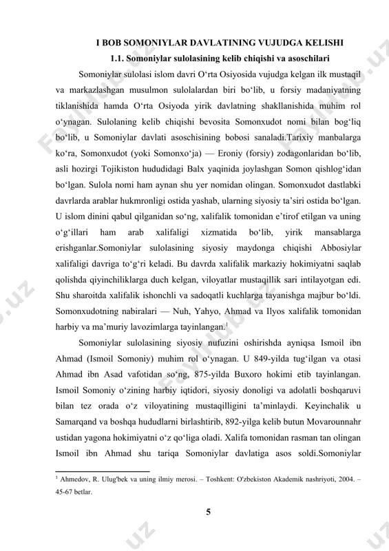 muhrlanadi.xulosa qilib aytganda, somoniylar sulolasining kelib chiqishi eroniy zodagonlar tabaqasiga borib taqaladi. sulolaning siyosiy kuch sifatida shakllanishi esa ismoil somoniyning harakatlari, siyosiy kurashi va harbiy yutuqlari bilan bog‘liq. bu sulola o‘rta osiyo tarixida ilk mustaqil va kuchli musulmon davlati sifatida mustahkam o‘rin egallaydi va keyingi siyosiy tuzilmalar uchun tayanch vazifasini bajargan. 1.2. arab xalifaligi bilan munosabatlar va siyosiy mustaqillik sari qadamlar somoniylar davlati shakllanishining dastlabki bosqichlarida arab xalifaligi, xususan abbosiylar hukmronligining mintaqadagi siyosiy nufuzini hisobga olishga majbur edi. bu davrda xalifalik rasmiy diniy hokimiyat sifatida saqlanib turgan bo‘lsa-da, viloyatlar va chekka hududlarda markaziy boshqaruv kuchsizlanib borayotgan edi. aynan shunday sharoitda somoniylar xalifalik bilan muvozanatli siyosiy munosabatlar yuritib, asta-sekin siyosiy mustaqillikka erisha oldilar.somoniylar dastlab xalifalik tomonidan tayinlangan valiylar (noiblar) sifatida xizmat qilgan. masalan, ahmad ibn asad — somonxudotning o‘g‘li bo‘lib, abbosiy xalifasi tomonidan movarounnahrdagi baxtar va samarqand viloyatlariga hokim etib tayinlangan. bu tayinlov somoniylarga xalifalik tomonidan rasmiy siyosiy maqom bergan bo‘lsa-da, …
