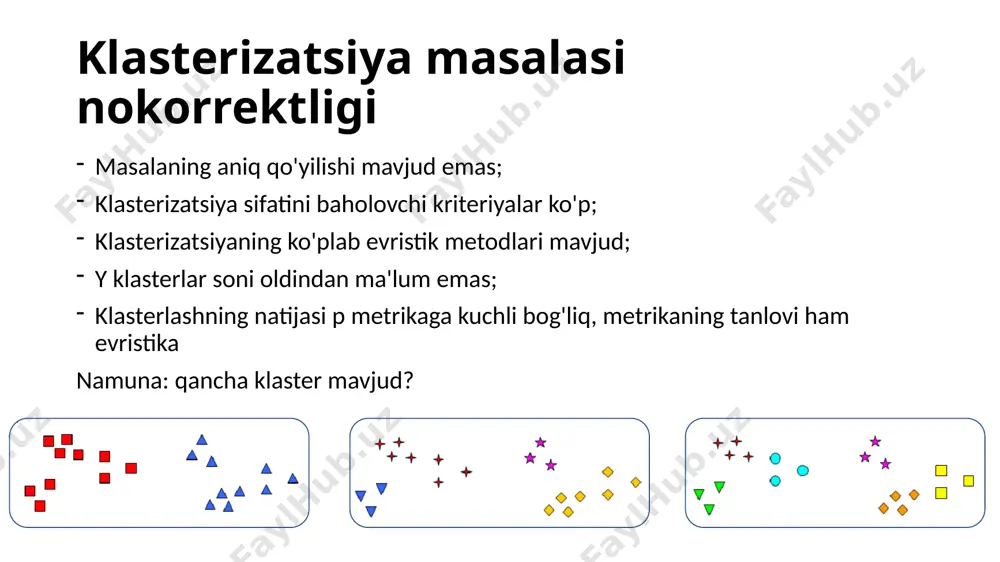 shga intiladi klasterdagi berilganlar zichligini hisobga olmaydi optimal k ni topish. tirsak usuli (elbow rule) klaster ichidagi kvadratlar yig'indisi (within-cluster-sum-of-squares (wcss)) g'oyasiga asoslanadi. optimal k ni topish. siluet usuli (silhouette method) klasterdagi nuqtalar o'rtacha masofasi (a) va eng yaqin klastergacha bo'lgan o'rtacha masofa (b) orqali hisoblanadi: natija manfiy bo'lsa yomon, musbat bo'lsa yaxshi degan ma'noda ishlatiladi. optimal klaster soni eng katta siluet qiymatida olinadi. dbscan algoritmi density-based clustering algorithm – zichlikka asoslangan klasterlash algoritmi. klaster berilganlar fazosida yuqori zichlikdagi nuqtalar sohasidan tashkil topadi va boshqa klasterlar bilan past zichlikdagi tutash sohalar orqali bog'lanadi degan g'oyaga asoslanadi. afzalliklari: katta hajmdagi berilganlarda tezkor klasterlash ixtiyoriy shakldagi klasterlar obyektlarni yadro, chegara va shovqin obyektlarga ajratish k-means vs dbscan dbscan algoritmi parametrlari: minpts – soha zich deb hisoblanishi uchun zarur minimal nuqtalar soni eps (ε) – har qanday nuqtaning yaqinidagi nuqtalarni aniqlash uchun ishlatiladigan masofa o'lchovi nuqtalar turlari: yadro nuqta (core) – o'zidan n …