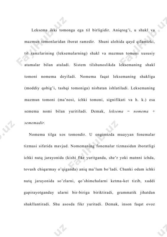 voqea​likdagi, inson ongidagi narsa-buyum, belgi, xususiyat va mohiyatlarni atashni semema orqali bajaradi. sememaning ongimizdagi tushunchalar bilan bog’liqligi leksemaning atash, nomlash vazifasini bajarishga imkon beradi. semema ongimizda mavjud bo’lgan turlicha tushunchalar bilan bog’lanadi. mantiq fanidan ma’lumki, ongi(mizdagi tushunchalarning hammasi ham voqelikdagi narsa-buyum, belgi-xususiyat, munosabat asosida hosil bo’lmagan. aniqrog’i, faqat ongimiz mahsuli bo’lgan tushunchalar ham mavjuddir. chunonchi «dev», «pari», «jin», «ajina», «arvoh» kabi xayoliy tushunchalar, «qizillik», «go’zallik», «adolat» kabi mavhum tushunchalar shular jumlasidandir. binobarin, sememalar shunday tushunchalar bilan ham bog’lana oladi. leksema sememalar nafaqat tushunchalar bilan, balki tasavvur va obrazlar (tasvirlar) bilan ham bog’lanadi. undov va taqlidiy leksemalarda shun​day xususiyatni ko’rish mumkin. aniqrog’i, bu leksemalar atash vazifasini emas, balki tasvirlash vazifa​sini o’taydi. masalan, [yilt-yilt], [milt-milt], [taq-tuq] kabi taqlidiy, [oh], uh], [vah-vah] kabi undov so’zlar shunday tasviriy ifoda vositalaridir. shuni ham aytish kerakki, yordamchi leksema sememalarida ham tushuncha bilan bog’lanish yo’q. chunki yordamchi leksemalar, aytilganidek, qo’shimchalar va leksemalar -ziddiyatida oraliq uchinchi vazifasini o’taydi. …