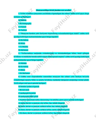 mutaxassislikga kirish fanidan test savollari — DOCX