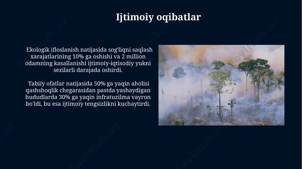 amaytiradi, bu esa bioxilma-xillik yo'qotilishiga olib keladi. dengiz muhitida, taxminan 1000 dan ortiq bioinvaziv tur mavjud bo'lib, ular mahalliy ekosistemalarni sezilarli darajada buzadi va baliqchilikka tahdid soladi. tuproq eroziyasi shamol eroziyasi tuproqning 20-50% ni yo'qotishiga olib kelishi mumkin, ayniqsa qurg'oqchil va yarim cho'l hududlarida. bu esa, tuproq unumdorligining keskin pasayishi va yerning cho'lga aylanishiga olib keladi. suv eroziyasi tuproqning 10-100 mm qatlamiga zarar yetkazishi mumkin bo'lib, bu unumdorlikning pasayishiga va cho'l zonasining kengayishiga olib keladi. bu jarayon tezlashayotgan iqlim o'zgarishlari bilan kuchayib bormoqda. ekologik xatarlarni boshqarish ekologik monitoring va baholash jarayonlariga zamonaviy texnologiyalarni (masalan, gis, masofadan turib zondlash) qo'llash, ma'lumotlarning aniqligi va ekologik xatarlarni o'z vaqtida aniqlash imkoniyatini sezilarli darajada yaxshilaydi. bioxilma-xillikni saqlash bo'yicha milliy strategiyada 2030-yilgacha kamida 30% tabiiy hududlarni muhofaza qilish ko'zda tutilgan bo'lib, bu ekologik xatarlarni kamaytirishga yordam beradi. ifloslanish dunyo miqyosida 1 milliarddan ortiq odam ifloslangan suvdan foydalanadi, bu esa turli yuqumli va surunkali kasalliklarning tarqalishiga …