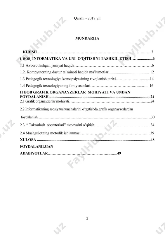 ituvchilari o’z oldilariga talabalarning ilmiy dunyoqarashi shakllantirish masalasini qo’yganlar, talabalardan esa bilimlarini o’zlashtirishda ijodiy yondashuv talab qilinmoqda. har bir jamiyatning kelajagi uning ajralmas qismi va hayotiy zarurati bo`lgan ta`lim tizimining qay darajada rivojlanganligi bilan belgilanadi. bugungi kunda mustaqil taraqqiyot yo`lidan borayotga mamlakatimizning uzluksiz ta`lim tizimini isloh qilish va takomillashtirish, yangi sifat bosqichiga ko`tarish, unga ilg`or pedagogik va axborot texnologiyalarini joriy etish hamda ta`lim samaradorligini oshirish davlat siyosati darajasida ko`tarildi. “ta`lim to`g`risida”gi qonun va “kadrlar tayyorlash milliy dasturi”ning qabul qilinishi bilan uzluksiz ta`lim tizimi orqali zamonaviy kadrlar tayyorlashning asosi yaratildi.[11] zero, zamonaviy axborot texnologiyalarini samarali qo‘llash talabalarga bilim berish sifatini oshirish, uning mazmun-mohiyatini takomillashtirish, ta’limni zamonaviy talablar darajasida tashkil etish, ta’lim muassasalarida ta’lim samaradorligini oshirish maqsadida ta’lim- tarbiya jarayoniga yangi pedagogik, axborot texnologiyalarini joriy etish, ularda interfaol usul va vositalardan foydalanish ko‘zda tutilgan. shu sababli, bugungi kunda ta’lim muassasalarida faoliyat yuritayotgan «informatika» fani o‘qituvchilari oldida quyidagi muhim vazifalar turadi: 1. talabalarning …