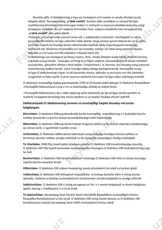 gan. yurtboshimiz o‘zining mazkur asarida jamiyatning siyosiy va davlat tuzilishini insonga siyosiy, iqtisodiy va ijtimoiy turmush tarzini o‘zi erkin tanlab olishini kafolatlaydigan darajada isloh etish, tubdan yangilash vazifalarini belgilab berdi. siyosiy sohada bu quyidagilarni bildiradi: — xalq manfaatlariga mos keladigan haqiqiy demokratiya tamoyillarini qaror toptirishni, xalq ham bevosita, ham o‘z vakillari orqali davlat hokimiyatini amalga oshirishda to‘liq imkoniyatga ega bo‘lishini: — qonun chiqaruvchi, ijro etuvchi va sud hokimiyati vakolatlarini ajratish asosida milliy davlatchilikni barpo etishni, jamiyatning siyosiy tizimini, davlat idoralarining tuzilmasini tubdan yangilashni, respublika hokimiyati bilan mahalliy hokimiyatning vakolatlarini aniq belgilab qo‘yish va adolatli qonunchilikni vujudga keltirishni; — barcha fuqarolarning qonun oldidagi huquqiy tengligini va qonunning ustuvorligini, jamiyat manfaatlari va aholi xavfsizligini kafolatlaydigan huquqiy davlatni barpo etishni; — o‘zbekistonda tug‘ilgan, uning zaminida yashayotgan va mehnat qilayotgan har bir kishi, milliy mansubligidan va e’tiqodidan qat’iy nazar respublikaning teng huquqli fuqarosi bo‘lishga munosibdir, degan insonparvarlik qoidasini ro‘yobga chiqarishni; — ozchilikdan iborat millatlarning …