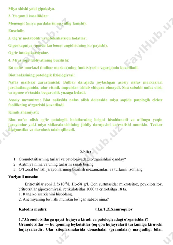 di. biot nafasining patologik fiziologiyasi: nafas markazi zararlanishi: bulbar darajada joylashgan asosiy nafas markazlari jarohatlanganida, ular ritmik impulslar ishlab chiqara olmaydi. shu sababli nafas olish va apnoe o‘rtasida beqarorlik yuzaga keladi. asosiy mexanizm: biot nafasida nafas olish doirasida miya sopida patologik elektr faollikning o‘zgarishi kuzatiladi. klinik ahamiyati: biot nafas olish og‘ir patologik holatlarning belgisi hisoblanadi va o‘limga yaqin jarayonlar yoki miya shikastlanishining jiddiy darajasini ko‘rsatishi mumkin. tezkor diagnostika va davolash talab qilinadi. 2-bilet 1. gronulotsitlarning turlari va patologiyadagi o’zgarishlari qanday? 2. aritmiya nima va uning turlarini sanab bering 3. o’t xosil bo‘lish jarayonlarining buzilish mexanizmlari va turlarini izohlang vaziyatli masala: eritrotsitlar soni 3,5x1012/l, hb-58 g/l. qon surtmasida: mikrotsitoz, poykilotsitoz, eritrotsitlar gipoxromiyasi, retikulotsitlar 1000 ta eritrotsitga 18 ta. 1. rang ko`rsatkichini hisoblang. 2. anemiyaning bo`lishi mumkin bo`lgan sababi nima? kafedra mudiri: t.f.n.t.z.xamroqulov 1.7.gronulotsitlarga qaysi hujayra kiradi va patologiyadagi o’zgarishlari? granulotsitlar — bu qonning leykotsitlar (oq qon hujayralari) turkumiga kiruvchi hujayralardir. ular …