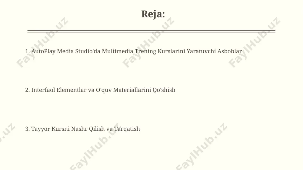 irig'ini qo'shish orqali o'quv jarayonini baholashni ta'minlash mumkin. autoplay media studio yordamida 10 dan ortiq interaktiv o'quv moduli yaratish va ularni lms platformasiga, masalan, moodle yoki canvasga yuklash mumkin. e'tiboringiz uchun rahmat @taqdimot_robot image2.jpg image3.jpg image4.jpg image5.jpg image6.jpg
