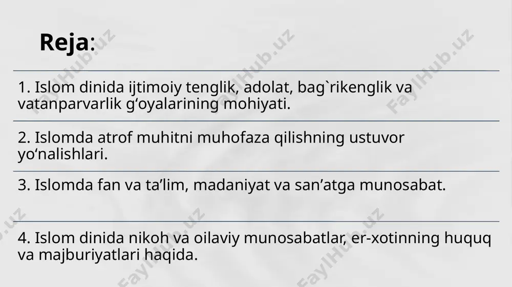 s imom al-buxoriyning “al-adab al-mufrad” asarida ham uchraydi. islom adabiyotida ham tenglik va bag‘rikenglik tamoyillari keng targ‘ib etilgan. masalan, imom al buxoriyning “al-adab al-mufradot” asarida barcha insonlarning o‘zaro hamjihatlikda yashashligi haqida yozilgan. jumladan, abu hurayra (r.a.) rivoyat qiladi, muhammad (a.s.): “bir-biringizga hasad va adovat qilmang, dunyo ishlarida sendan men o‘taman, deb janjallashmang, bir-biringizga teskari bo‘lmang. hammangiz aka-uka bo‘linglar” dedilar. bundan ko‘rinib turibdiki, jamiki insonlar bir-birini hurmat qilishi, qo‘llab-quvvatlashi va o‘zaro nizolarga bormasliklari lozim. islomda vatanparvarlik vatanga muhabbat avvalo insonnig o‘z oilasi, uyi, mahallasi hamda tug‘ilib o‘sgan yurtiga mehr-muhabbatidir. vatanga muhabbat yuksak insoniy, yaxshi fazilatlardan hisoblanadi. bu haqda “vatanni sevmoq iymondandir” deyilgan hikmatni esga olish kifoya. darhaqiqat islom dini insonparvar, vatanparvar, millatparvar din. u barcha insoniy tuyg‘u va qadriyatlarni ulug‘laydi va insonlarni shunga o‘rgatadi. “vatan” atamasi aslida arabcha so‘z bo‘lib, ona yurt ma’nosini anglatadi. ibn xaldun “vatan- bu insonning tug‘ilib o‘sgan yeri, uning go‘daklik chog‘idanoq mehr qo‘ygan o‘chog‘idir”,- deb ta’rif bergan. …