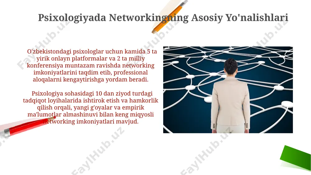 z mumkin. psixologiya sohasidagi 10 ta eng yetakchi konferensiyalarda ishtirok etish imkoniyatini beradi, bu esa sizning martaba o'sishingizga 30% hissa qo'shadi. mentoring va networking mentorlik, odatda 1-2 kishilik yaqin munosabatlarni o'z ichiga oladi, networking esa kengroq, 5 dan ortiq professional aloqalar tarmog'ini rivojlantirishga qaratilgan. mentorlik ko'proq yo'naltirilgan va shaxsiy rivojlanishga, networking esa imkoniyatlarni kengaytirish va hamkorlikka yo'naltirilgan bo'ladi. ishga joylashishda networkingning ahamiyati ishga joylashish jarayonida networking 70% dan ortiq bo'sh ish o'rinlarini topishga yordam beradi, chunki ko'plab kompaniyalar rasmiy e'lonlar qilmaydilar. linkedin kabi professional platformalardan samarali foydalanish, kamida 200 ta aloqani o'rnatish orqali ish izlashda sezilarli afzalliklarni ta'minlaydi. e'tiboringiz uchun rahmat @taqdimot_robot image2.png image1.png image5.jpg image6.jpg image7.jpg image8.jpg image9.jpg image10.jpg image11.jpg image12.jpg image13.jpg image14.jpg image15.jpg image16.jpg