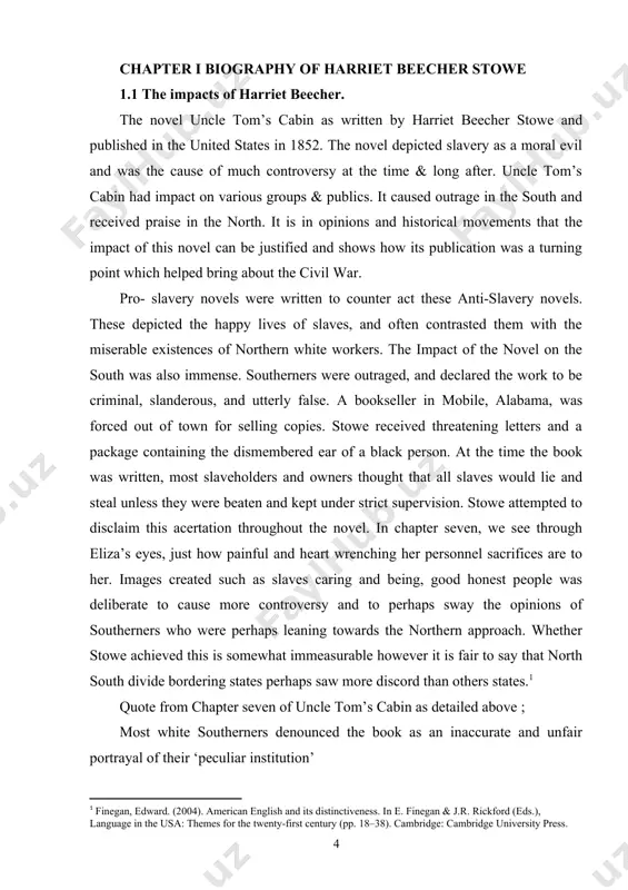 istinctiveness. in e. finegan & j.r. rickford (eds.), language in the usa: themes for the twenty-first century (pp. 18–38). cambridge: cambridge university press.] quote from chapter seven of uncle tom’s cabin as detailed above ; most white southerners denounced the book as an inaccurate and unfair portrayal of their ‘peculiar institution’ the impact on the black population was that most black-americans reacted enthusiastically to uncle tom’s cabin. frederick douglas was a friend of stowe’s; she had consulted him on some sections of the book, and he praised the novel many times in his own publications. most black abolitionists felt similar to white abolitionists, after-all they were fighting for the same cause and most saw it as a tremendous help to their cause which of course in hinds-sight we can see as morally right. in terms of impacts on slaves, most were illiterate and therefore would not have been able to …