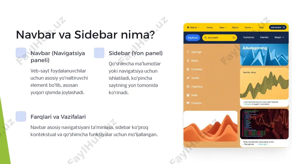 nyular yoki funksiyalar uchun qulay joylashuvni beradi. moslashuvchan dizayn foydalanuvchi tajribasini yaxshilaydi, sahifaning yuklanish tezligini oshiradi va mobil qurilmalarda saytni samarali boshqarishni ta’minlaydi. shu boisdan, navbar va sidebarni responsiv qilish — har bir zamonaviy veb-loyihaning ajralmas qismi hisoblanadi. 12 image1.png image2.png image3.png image4.png image5.png image6.png image7.png image8.png image9.png image10.png image11.png image12.png image13.png image14.png image15.png image16.png image17.png
