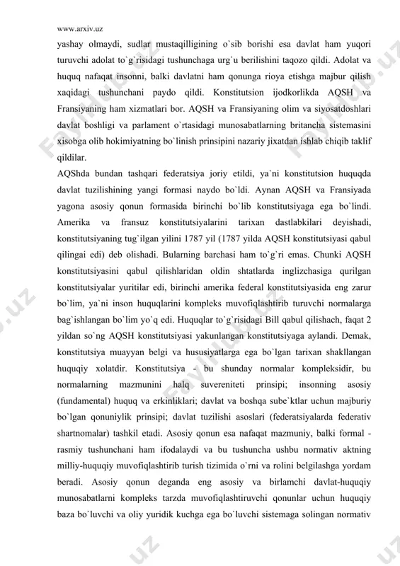 unini halq suvereniteti prinsipi; insonning asosiy (fundamental) huquq va erkinliklari; davlat va boshqa sube`ktlar uchun majburiy bo`lgan qonuniylik prinsipi; davlat tuzilishi asoslari (federatsiyalarda federativ shartnomalar) tashkil etadi. asosiy qonun esa nafaqat mazmuniy, balki formal - rasmiy tushunchani ham ifodalaydi va bu tushuncha ushbu normativ aktning milliy-huquqiy muvofiqlashtirib turish tizimida o`rni va rolini belgilashga yordam beradi. asosiy qonun deganda eng asosiy va birlamchi davlat-huquqiy munosabatlarni kompleks tarzda muvofiqlashtiruvchi qonunlar uchun huquqiy baza bo`luvchi va oliy yuridik kuchga ega bo`luvchi sistemaga solingan normativ akt gavdalanadi. asosiy qonunlarning mavjud bo`lishi va e`lon etilishi davlat-huquqiy isloxotlarning o`tkazilishini soddalashtiradi, davlat tuzumining eng asosiy hususiyatlarini aniq payqab oladi. konstitutsiyaviy nazorat organlarining obyektlari – odatdagi qonunlar, konstitutsiyaga kiritiladigan to`zatishlar, halqaro shartnomalar, palatalar reglamenti, hokimiyatning ijro organlari normativ aktlari (ma`muriy adliya tizimi yo`q mamlakatlarda) bo`lishi mumkin. federativ davlatlarda ittifoq va federatsiya subyektlariga tegishli masalalarni mansublik darajasini (taalluqligini) hal etish ham konstitutsiyaviy nazorat vakolatlariga kiradi. konstitutsiyaviy nazorat mohiyatiga ko`ra …