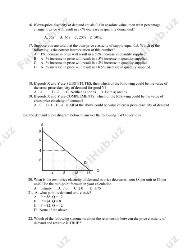 reasing price will decrease revenue b. if demand is price elastic, then decreasing price will increase revenue c. if demand is perfectly inelastic, then revenue is the same at any price d. elasticity is constant along a linear demand curve and so too is revenue 23. if a demand curve is vertical, then own-price elasticity of demand for this good is equal to: a. infinity b. zero. c. one d. none of the above. 24. if a demand curve is horizontal, then own-price elasticity of demand for this good is equal to: a. infinity b. zero. c. one d. none of the above 25. which of the following cannot reduce the equilibrium quantity sold in a market? a. price ceiling. b. price floor b. quota d. all of the above can decrease equilibrium quantity sold 26. if a subsidy is introduced in a market, then which of the following statement …