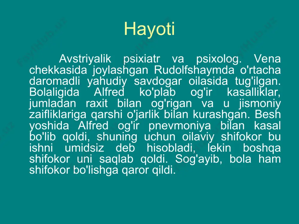 i. 1910 yilda adler vena psixoanalitik jamiyatining prezidenti etib saylandi. ayni paytda freyd va adler o'rtasidagi munosabatlar keskin yomonlashdi. 1910 yil noyabr oyida yungga yozgan maktublarida adlerni "mutlaqo munosib va ​​juda aqlli odam" deb atagan freyd yil oxirida uni "paranoyak“ va uning nazariyalarini "tushunib bo'lmaydigan" deb e'lon qildi. 1911 yilga kelib, nazariy tafovutlar qabul qilib bo'lmaydigan bo'lib qoldi va adler sakkizta hamfikr bilan birga freyd doirasi bilan aloqalarini uzdi.keyinchalik, freydning qarori bilan vena psixoanalitik jamiyati a'zolari va bo'linib ketgan "adler to'dasi" o'rtasida hech qanday aloqaga yo'l qo'yilmadi. 1912 yildan boshlab adler "individual psixologiya" atamasini qo'llashni boshladi; o'sha yili adlerning "asab xarakteri haqida" asari nashr etildi, unda olimning asosiy tushunchalari umumlashtirildi. bu asar tibbiyot emas, falsafa sohasiga tegishli, deb hisoblagan vena professorlari kengashi tomonidan kitob rad etildi. shuningdek, 1912 yilda adler individual psixologiya jurnaliga asos soldi, uning nashr etilishi birinchi jahon urushi tufayli to'xtatildi. ikki yil davomida adler rossiya frontida xizmat …