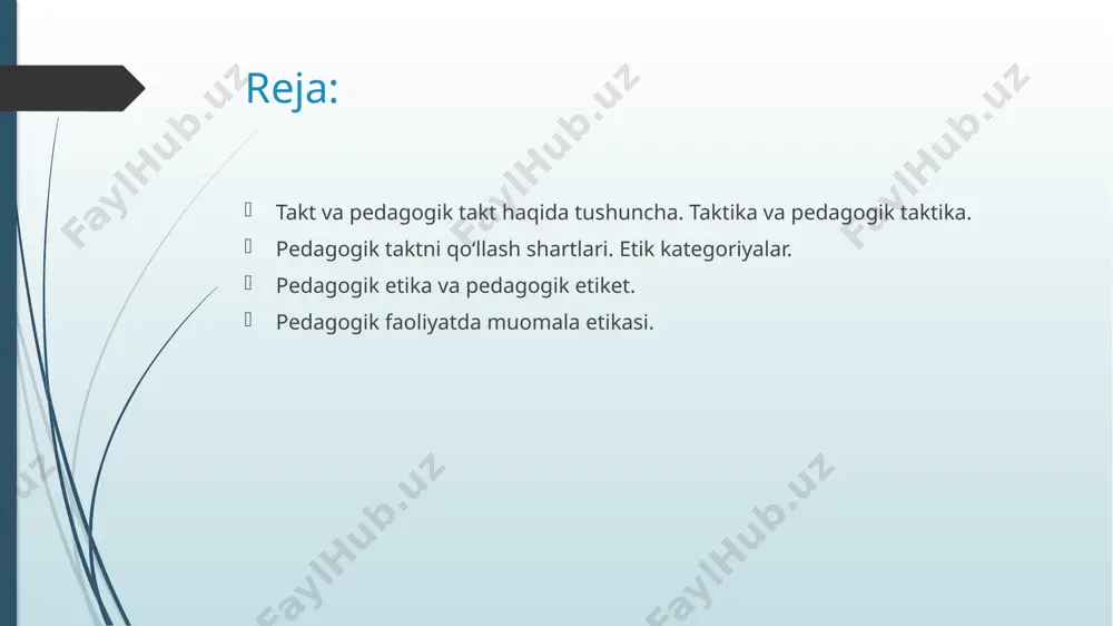 kt bu o'qituvchining talabalarga nisbatan amalga oshiradigan ta'sirining mezonidir. таkt va taktika taktika tanlash turli vaziyatlarda turli rollarni bajarish bilan bog'liq. bu haqida ma'lumotni psixolog a. b. dobrovich kitoblaridan olish mumkin. bu to'rtta pozisiya bo'lib, ular quyidagicha: «yuqoridan pastga», «pastdan yuqoriga», «yonma-yon» va «aralashmaslik pozisiyasi». «yuqoridan pastga» pozisiyasi o'qituvchi mustaqilligini, barcha mas'uliyatni o'z bo'yniga olishini namoyish etadi. bu pozisiya "ota" pozisiyasi ham deb ataladi. «pastdan yuqoriga» pozisiyasida o'ziga ishonmaydigan, tobe' shaxs bo'ladi. a. b. dobrovich so'zi bilan aytganda, bu "bola" pozisiyasi. pedagogik taktni shakllantirish omillari tarbiyalanuvchilarga mehrli bo'lish, mehrini ko'rsata olisbi; talabalar hatti-harakatlarining "ichki prajinalarini" ko'ra olish; vaziyatni to'g'ri baholay olish; maqsadga muvofiq ta'sir usulini tanlash; talabalar bilan samarali muloqot qura olish. maqsadga muvofiq ta'sir usulini tanlash; talabalar bilan samarali muloqot qura olish. pedagog va talaba pozisiyalarining to'g'ri kelmasligi ko'p konfliktlarga sabab bo'ladi, shuning uchun konflikt vaziyatlarda qo'llaniladigan sinalgan qoidalarni bilish kerak. birinchi qoida. konflikt vaziyatini o'z qo'liga olish bu …