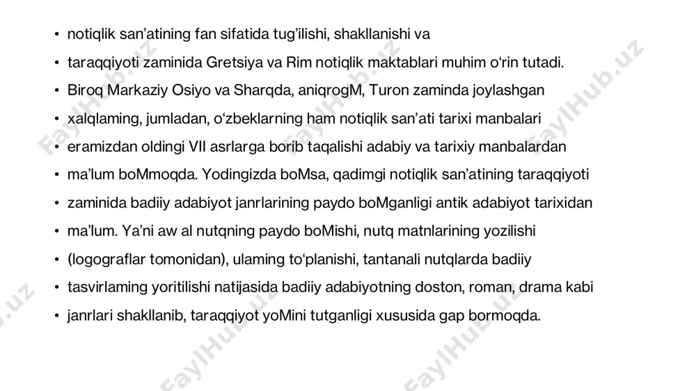 dan ayrimlarining maxsus notiqlik • maktablarida tahsil olganliklari, xususan, axillning feniks ismli so‘z ustasi • darsxonasida saboq olganligi ham shuni ko‘rsatadiki, bu san’at o‘sha davrlarda • xuddi harbiy mutaxassislik va boshqa shuning kabi ijtimoiy zarur • mutaxassisliklar qatori maxsus maktablariga ham ega bo‘lgan. shuning uchun • ham e’tiborli oilalar o’z farzandlarini yoshligidanoq shu san’at bilan • qurollantirishga uringanlar, maxsus notiqlik maktablari va notiqlik ustodlari • bo‘lgan. • notiqlik san'ati intonatsiyasi — bu so'zlarni to'g'ri va ta'sirli tarzda talaffuz qilish, ularning ma'nosini aniq etkazish va tinglovchiga kerakli hissiyotlarni yetkazish uchun ishlatiladigan vositadir. intonatsiya, notiqning ovoz balandligi, tezligi, tembri, pauzalar va stressni boshqarish orqali so'zlarni va jumlalarni ifodali qilish imkonini beradi. • intonatsiyaning asosiy maqsadi quyidagilardan iborat: • ma'no aniqroq yetkazilishi: intonatsiya yordamida so'zlar va jumlalar ma'nosini to'liq, aniq va tushunarli qilish mumkin. masalan, biror fikrni ta'kidlash, savolni ifodalash yoki xabarni etkazish uchun intonatsiya o'zgarishi zarur bo'ladi. • tinglovchi bilan aloqani kuchaytirish: …