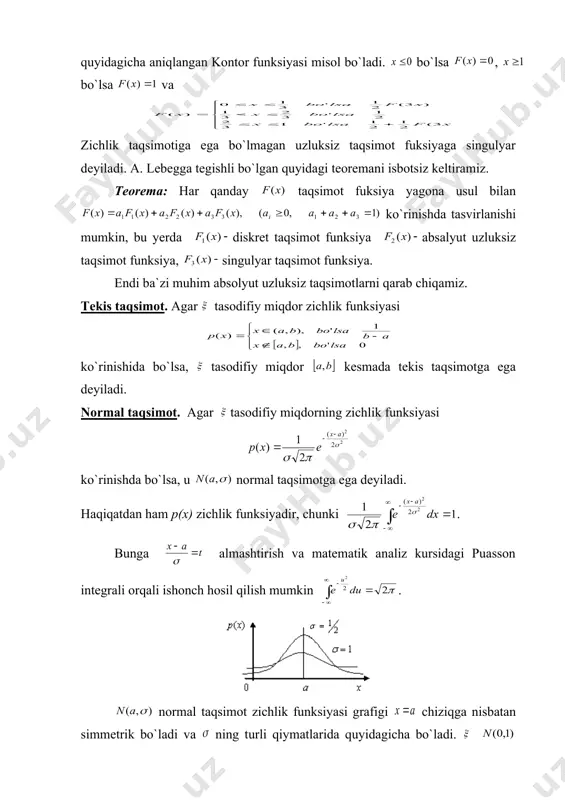 sodifiy miqdorning zichlik taqsimoti ko`rinishda bo`ladi. agar tasodifiy miqdorning zichlik taqsimoti bo`lsa, u koshi qonuni bilan taqsimlangan deyiladi. endi normal taqsimot orqali aniqlanadigan ayrim taqsimotlarni qaraymiz. -taqsimot. va bog`lanmagan tasodifiy miqdorlar bo`lsinlar ( ). tasoifiy miqdorlarni aniqlaymiz. tasodifiy miqdorning taqsimotiga erkinlik (ozodlik) darajali taqsimoti deyladi. erkinlik darajali taqsimotning zichlik funksiya uchun ko`rinishiga ega, bu yerda ko`paytuvchi shartni qanoatlantiradi. styudent taqsimoti. , va lar bog`lanmagan tasodifiy miqdorlar. u holda tasodifiy miqdor erkinlik darajali styudent taqsimotga ega deyiladi. styudent taqsimotining zichlik funksiyasi ko`rinishda bo`ladi. fisher taqsimoti ( -taqsimot). -bog`lanmagan normal tasodifiy miqdorlar bo`lsinlar: , . u holda tasodifiy miqdor va erkinlik darajali fisher taqsimotiga ega bo`ladi. _1303388772.unknown _1303450622.unknown _1303491084.unknown _1306123752.unknown _1306124808.unknown _1306240945.unknown _1307905304.unknown _1307905504.unknown _1318925507.unknown _1306241050.unknown _1306241051.unknown _1306241007.unknown _1306124896.unknown _1306147135.unknown _1306147155.unknown _1306147230.unknown _1306147142.unknown _1306147127.unknown _1306124867.unknown _1306124543.unknown _1306124650.unknown _1306123907.unknown _1303493970.unknown _1303495052.unknown _1303495470.unknown _1303495563.unknown _1303495839.unknown _1303495847.unknown _1303495689.unknown _1303495548.unknown _1303495184.unknown _1303495236.unknown _1303495069.unknown _1303494948.unknown _1303494960.unknown _1303494242.unknown _1303494550.unknown _1303494708.unknown _1303494336.unknown _1303494091.unknown _1303491418.unknown _1303491710.unknown _1303491787.unknown _1303491521.unknown _1303491174.unknown _1303491290.unknown …