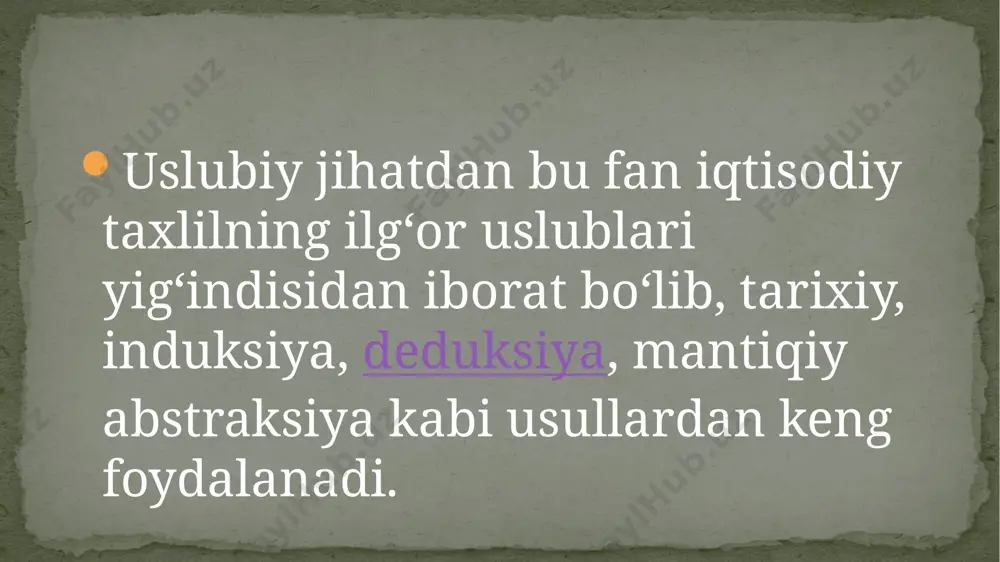 laissez faire, laissez passer) shiorida ifodalangan boʻlib, u "koʻrinmas qoʻl" nomini ham olgan. smitning fikricha, tadbirkorlarning erkin faoliyat yuritishiga qanchalik erkinlik berilsa, iqtisodiy rivojlanish shunchalik jadallashadi. smit iqtisodiy faoliyatga toʻsiq boʻluvchi asosiy kuch bu — davlat, deb hisoblaydi. smitning liberal qarashlari yevropada, xususan, angliyada keng ommalashgan va oʻsha davr hukumatlari tomonidan liberal qonunlar va qarorlar qabul qilinishiga ilmiy asos boʻlgan. uningcha ko`payishning oldini olish vositasi, chorasi sifatida «ahloqiy chidam» (kambag`allar nikohdan o`zlarini tiyishlari, kеch turmush qurishlari), og`ir mеhnat yoki turli baxtsizliklar (ochlik, qashshoqlik, kasallik, epidеmiya, urush va boshqalar) qo`llab-quvvatlanadi. maltusning fikricha tabiiy biologik instinktga ko`ra, insoniyat ko`payish imkoniyatiga ega va doimo shunga intiladi, ammo jonivor va o`simliklar qarama-qarshi ravishda bu jarayonni chеklash imkoniga ham ega bo`lib, hayvonot dunyosidan ajralib turadi. shunday qilib, maltus ta'limoti bo`yicha kapitalizm illatlari insoniyatning bеixtiyor qismatidir. nazariy jihatdan bu fikrlarda xеch qanday ingliz iqtisodchisi t. r. maltus (1766—1834) iqtisodiy oʻsish va aholi koʻpayishi oʻrtasidagi aloqadorlik muammolarini …