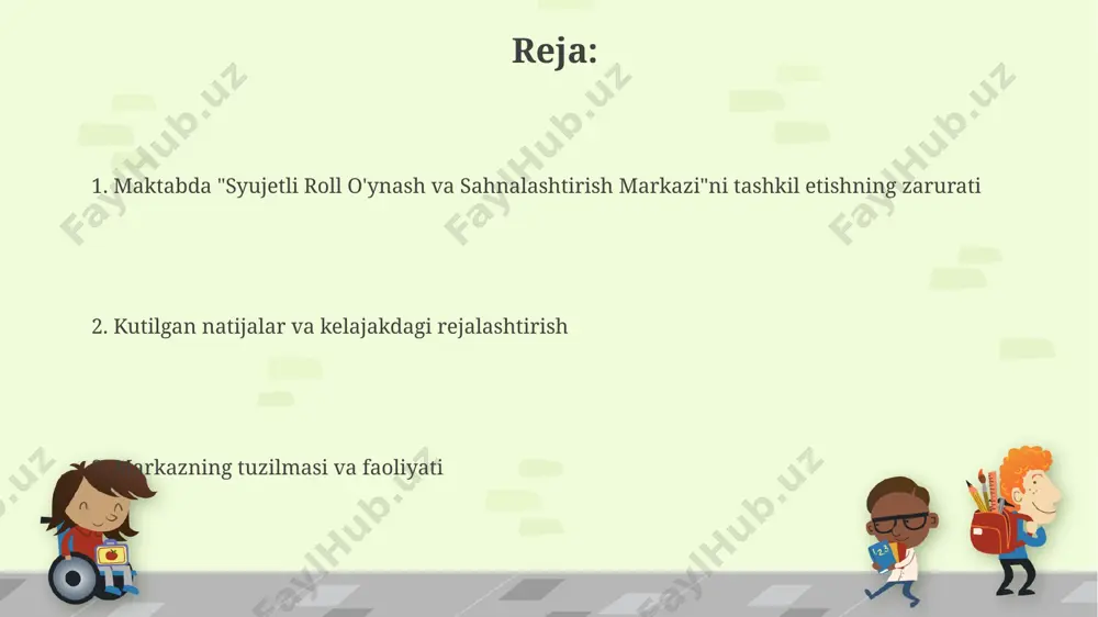 yaxshilaydi va 10-15 kishilik guruhlarda samarali hamkorlik qilish ko'nikmalarini rivojlantiradi. markazni moliyalashtirish va boshqarish markazlashtirilgan moliyaviy resurslarni samarali taqsimlash uchun 5-10% gacha qo’shimcha mablag’larni tejashga imkon beruvchi avtomatlashtirilgan tizimni joriy etish rejalashtirilgan. har bir maktab uchun ajratilgan byudjetning 15% gacha qismini teatr jihozlari, sahna ko’rinishlari va o’quv materiallarini sotib olishga sarflash mumkin. kutilgan natijalar va baholash loyihaning samaradorligini aniqlash uchun o'quvchilarning ijodkorlik darajasi, o'zaro hamkorlik qobiliyati va sahna asarlarini yaratishdagi yutuqlari bo'yicha sanoqli ma'lumotlar yig'iladi va statistik tahlil qilinadi. dastur tugagandan so'ng, kamida 80% o'quvchilarning rol ijro etish, syujet yaratish va sahnalashtirish ko'nikmalarida sezilarli yaxshilanish kuzatiladi va bu so'rovnomalar orqali tasdiqlanadi. markazning tuzilmasi va resurslari oʻquvchilarning ijodiy ishlarini qoʻllab-quvvatlash uchun markazda 5 ta kompyuter, 2 ta 3d printer va professional tahrirlash dasturlari mavjud. markaz 3 ta asosiy xona – sahna maydonchasi, kostyumlar va rekvizitlar ombori hamda rejissorlik xonasidan iborat boʻlib, har biri kamida 25 kvadrat metr maydonni egallaydi. e'tiboringiz uchun …