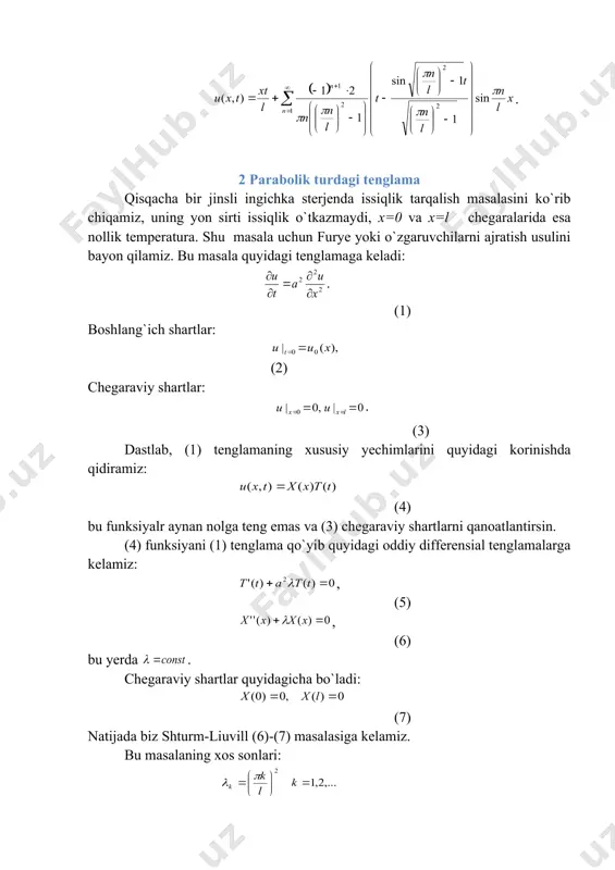 n n l x n e a t t x x t x u p p n a å ¥ = = × 1 sin 13 n n l x n a x p x x u 13 ) ( 0 = dx l x n in s x l a l n p ò × × = 0 13 2 ( ) 1 1 26 + - × × = n n n l a p ( ) å ¥ = ÷ ÷ ø ö ç ç è æ - ÷ ø ö ç è æ - + - × = 1 1 1 sin 1 26 ) , ( 2 n t l n n l x n e n l t x u p p p o`zgaruvchilarni ajratish (furye) usuli giperbolik turdagi tenglama uchlari x=0 va x=l nuqtalarda mahkamlangan tor tebtanishi tenglamasi masalasi uchun furye yoki o`zgaruvchilarni …
